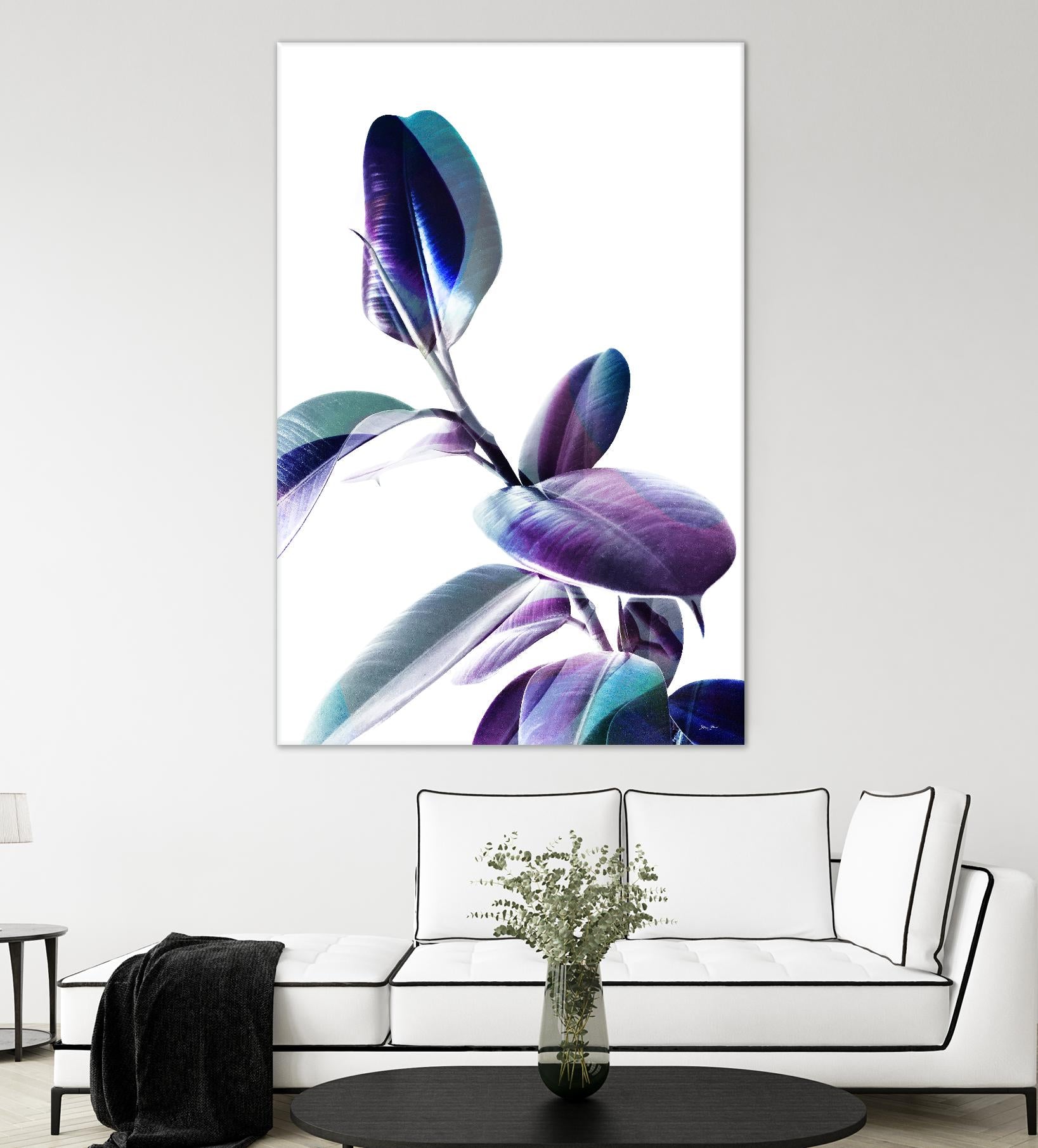 Minimal Rubber foliage in Blue and Purple on White by Dominique Vari on GIANT ART