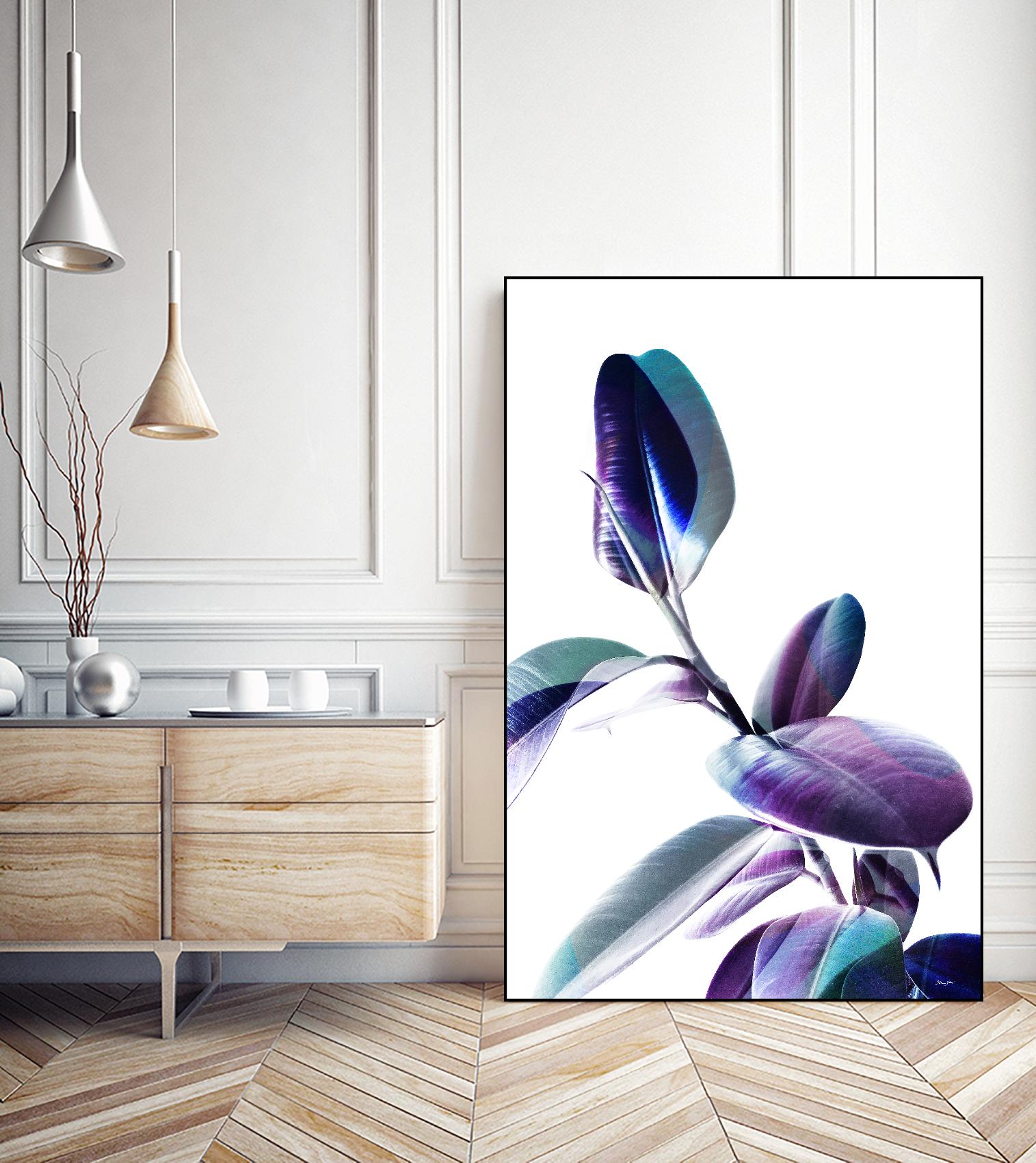 Minimal Rubber foliage in Blue and Purple on White by Dominique Vari on GIANT ART