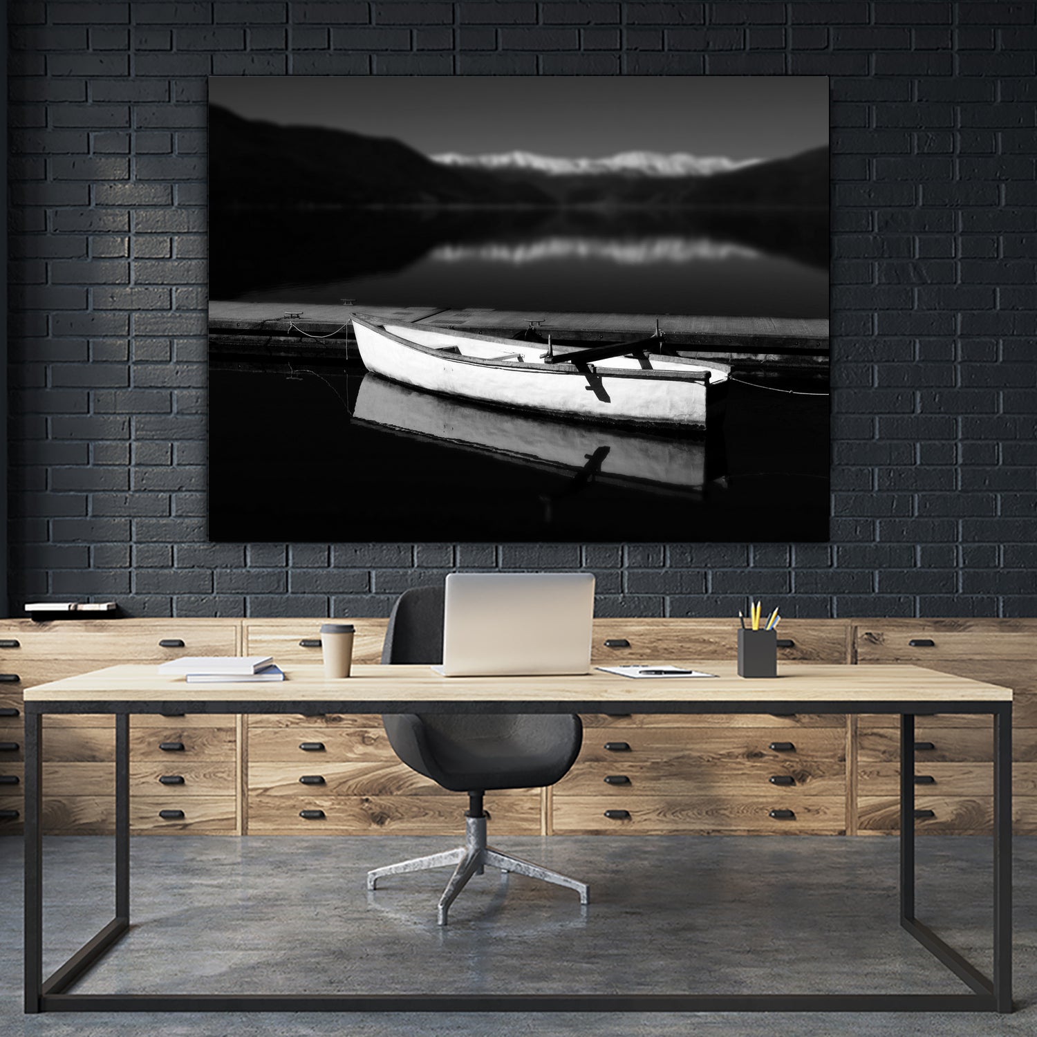 White lake boat by IOANNA PAPANIKOLAOU on GIANT ART - black photo illustration