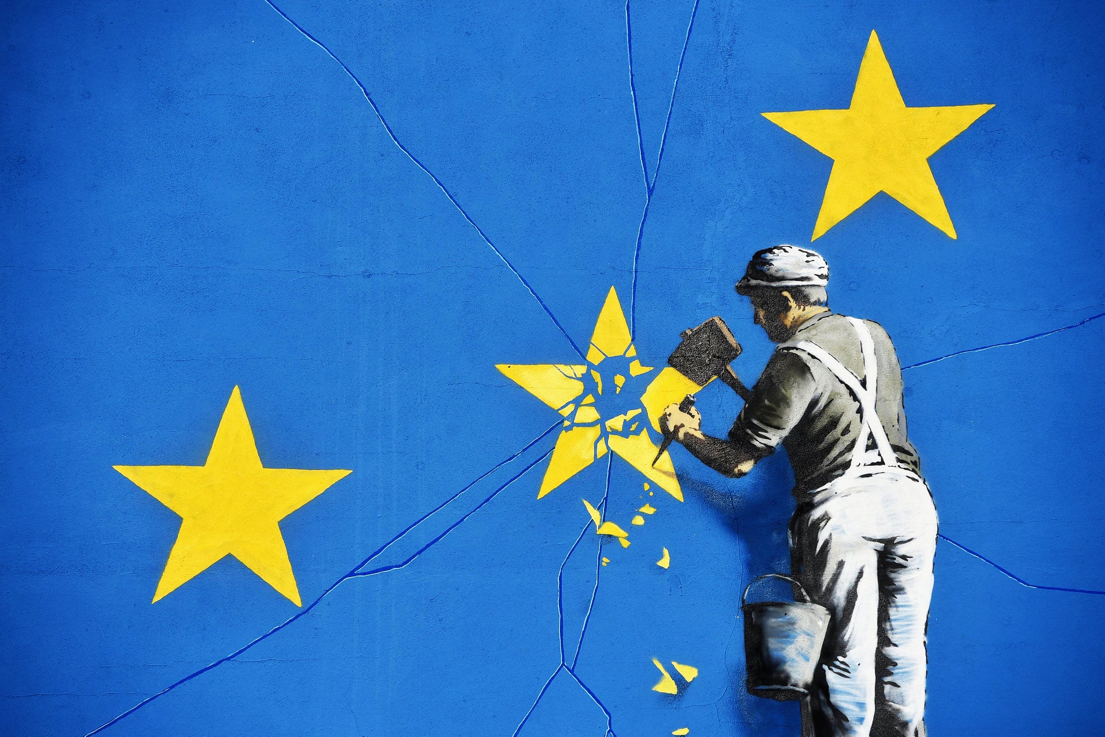 Banksy, Euro stars, edited, cut verion, Banksy poster by ALMA Studio on GIANT ART - blue mixed media