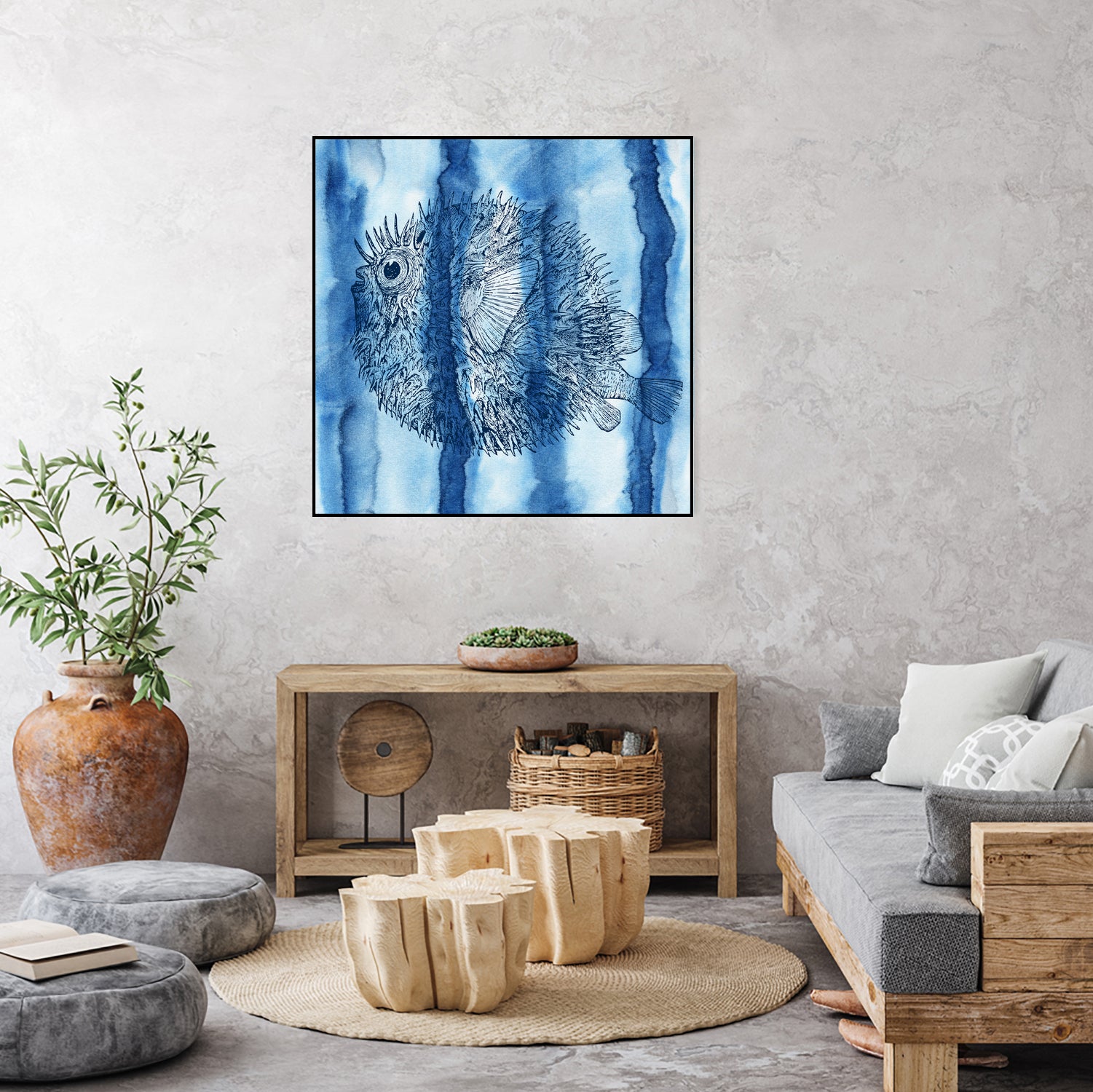 Puffer Fish Shibori by Thomas Fernez on GIANT ART - blue digital drawing