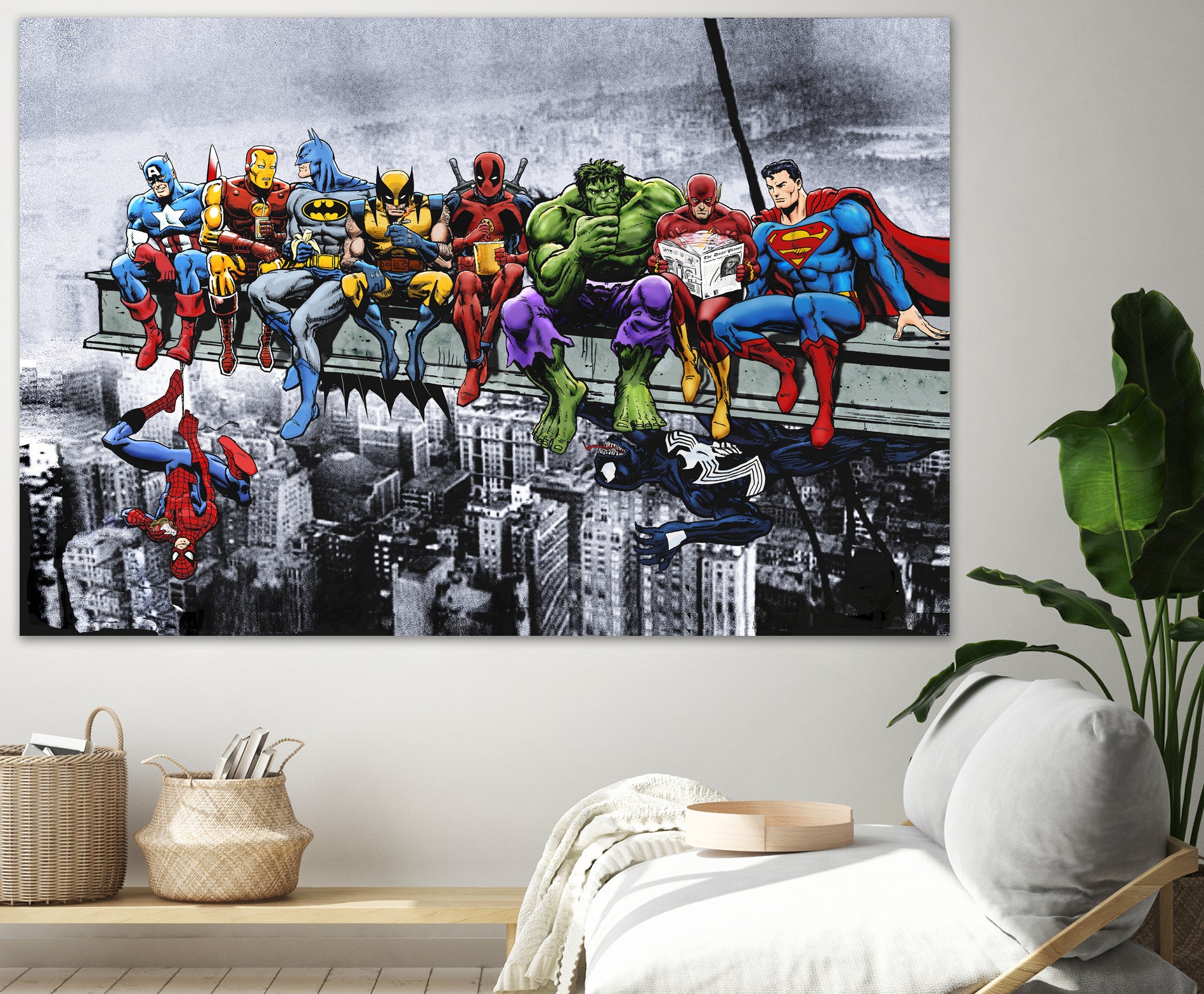 Marvel and DC Superheroes Lunch Atop A Skyscraper by Dan Avenell on GIANT ART - red digital painting