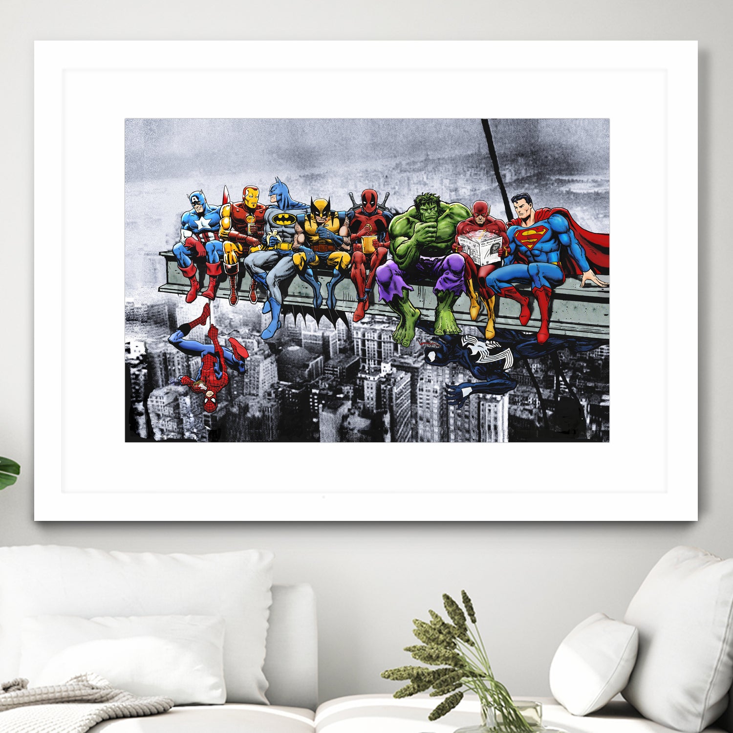 Marvel and DC Superheroes Lunch Atop A Skyscraper by Dan Avenell on GIANT ART - red digital painting