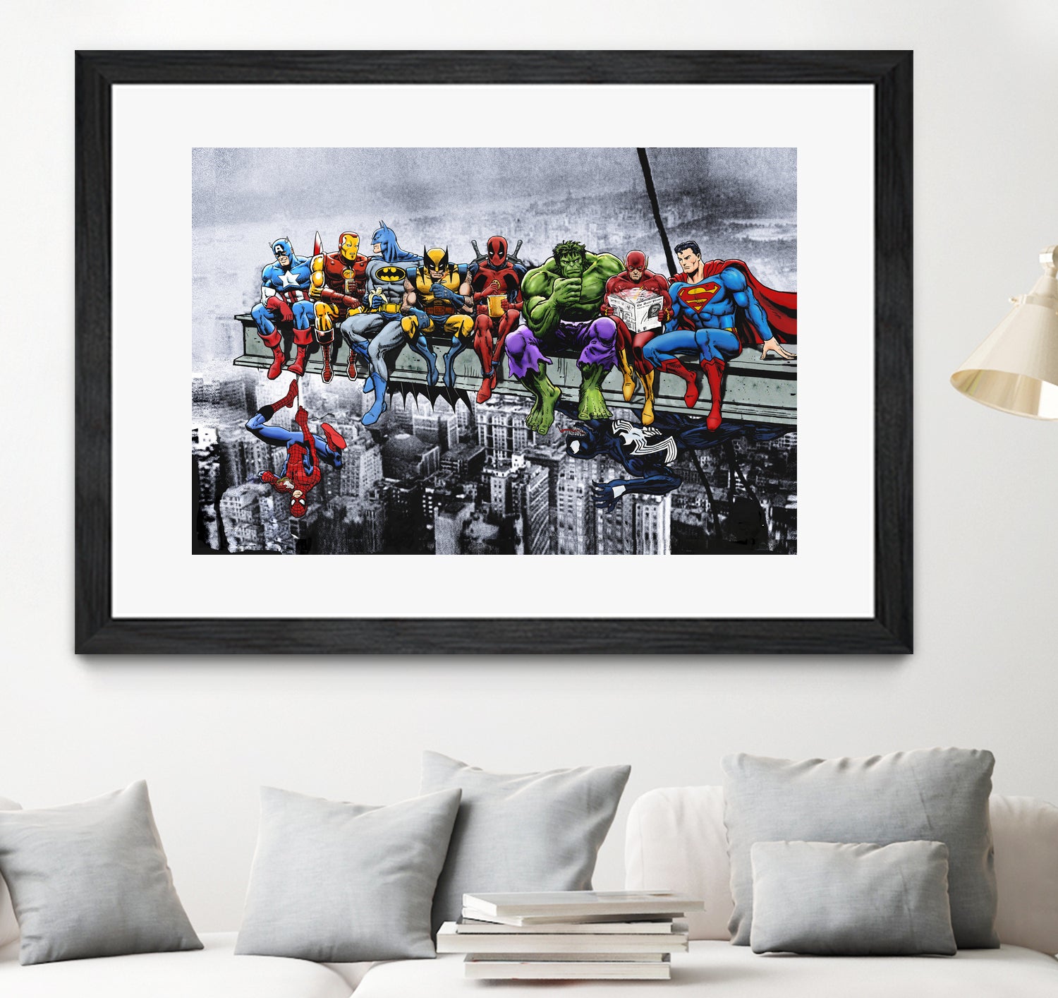 Marvel and DC Superheroes Lunch Atop A Skyscraper by Dan Avenell on GIANT ART - red digital painting