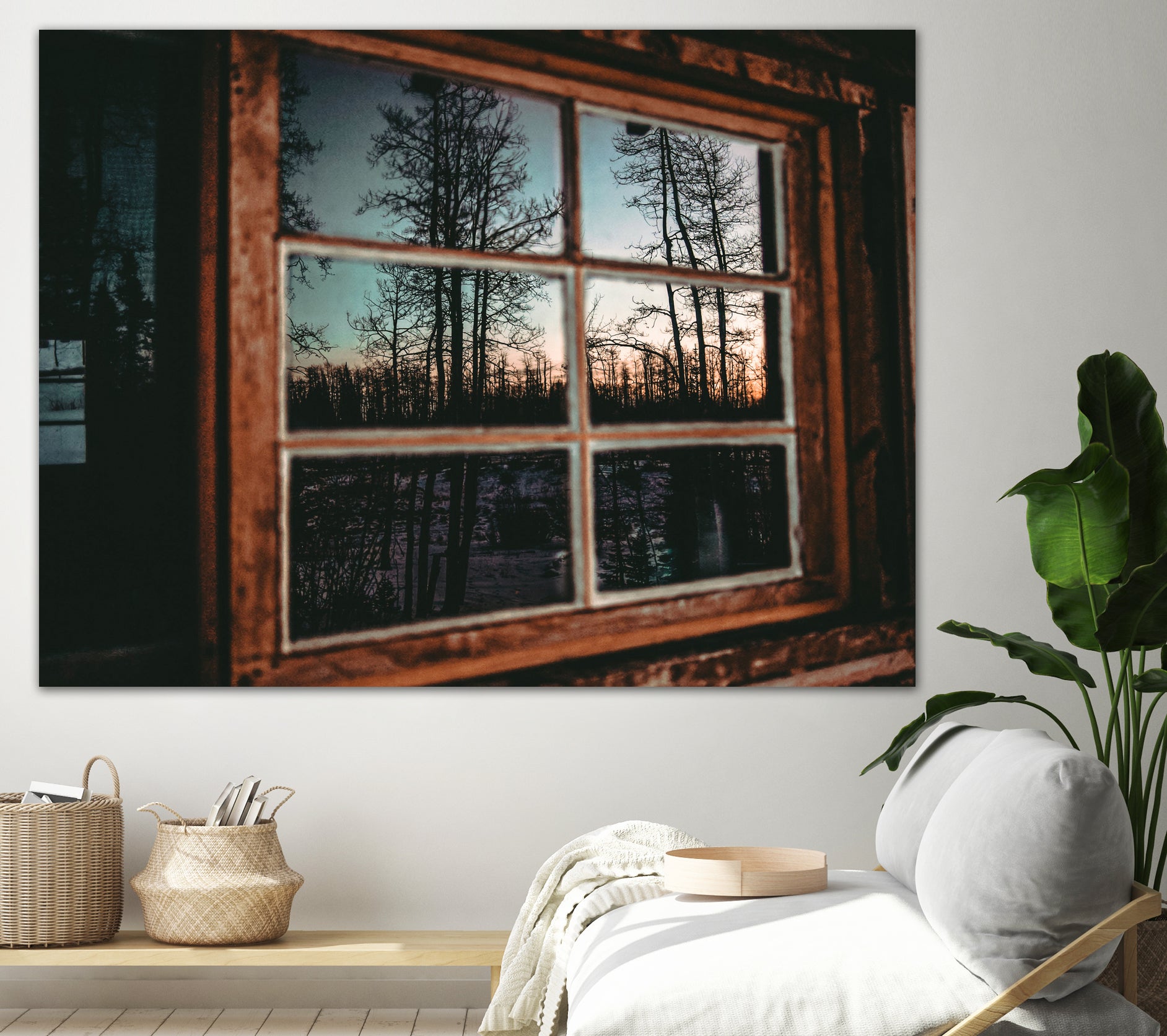 Grainy Sunset Reflection on Log Cabin Window by RJ Byrd on GIANT ART - blue photo illustration