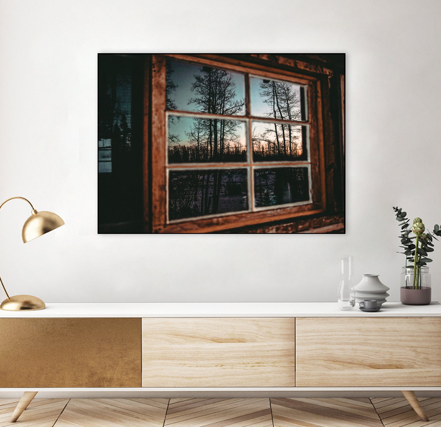 Grainy Sunset Reflection on Log Cabin Window by RJ Byrd on GIANT ART - blue photo illustration