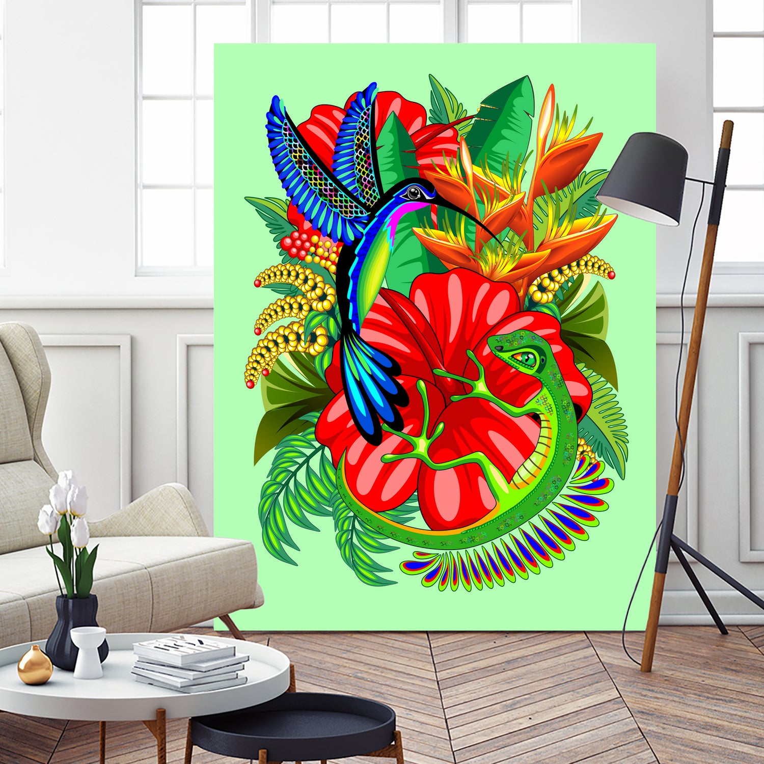 The Lizard, The Hummingbird and The Hibiscus by Monica Terrana on GIANT ART - green digital drawing