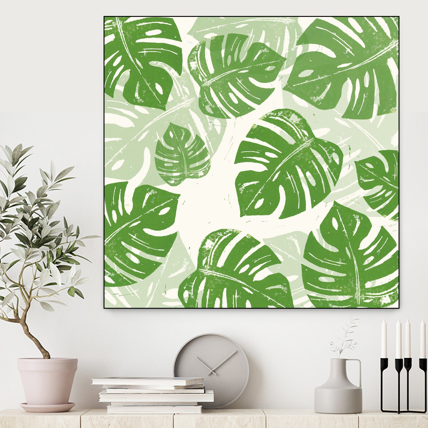 Linocut Monstera Pattern by Bianca Green on GIANT ART - green mixed media