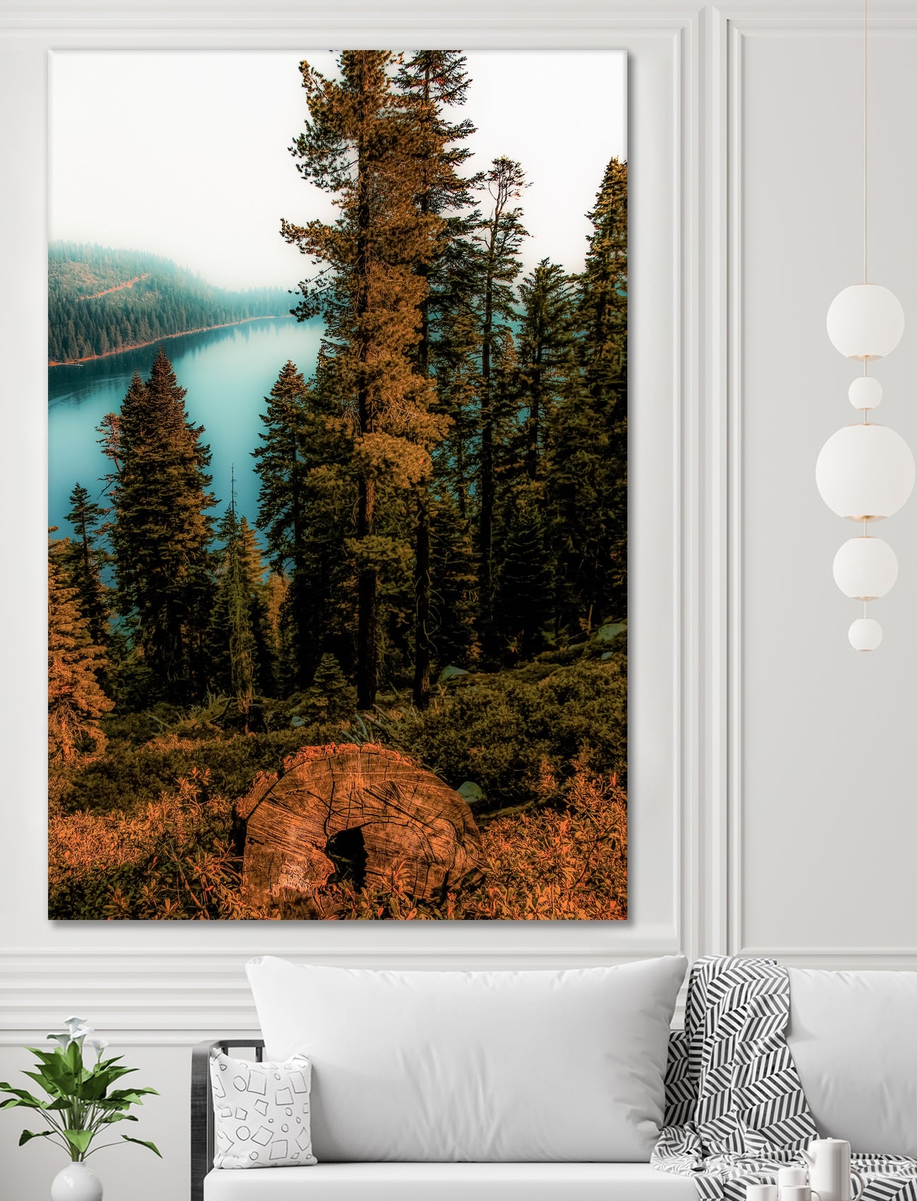 Pine tree with lake scenic at Emerald Bay Lake Tahoe by sutee monchitnukul on GIANT ART - orange photo manipulation