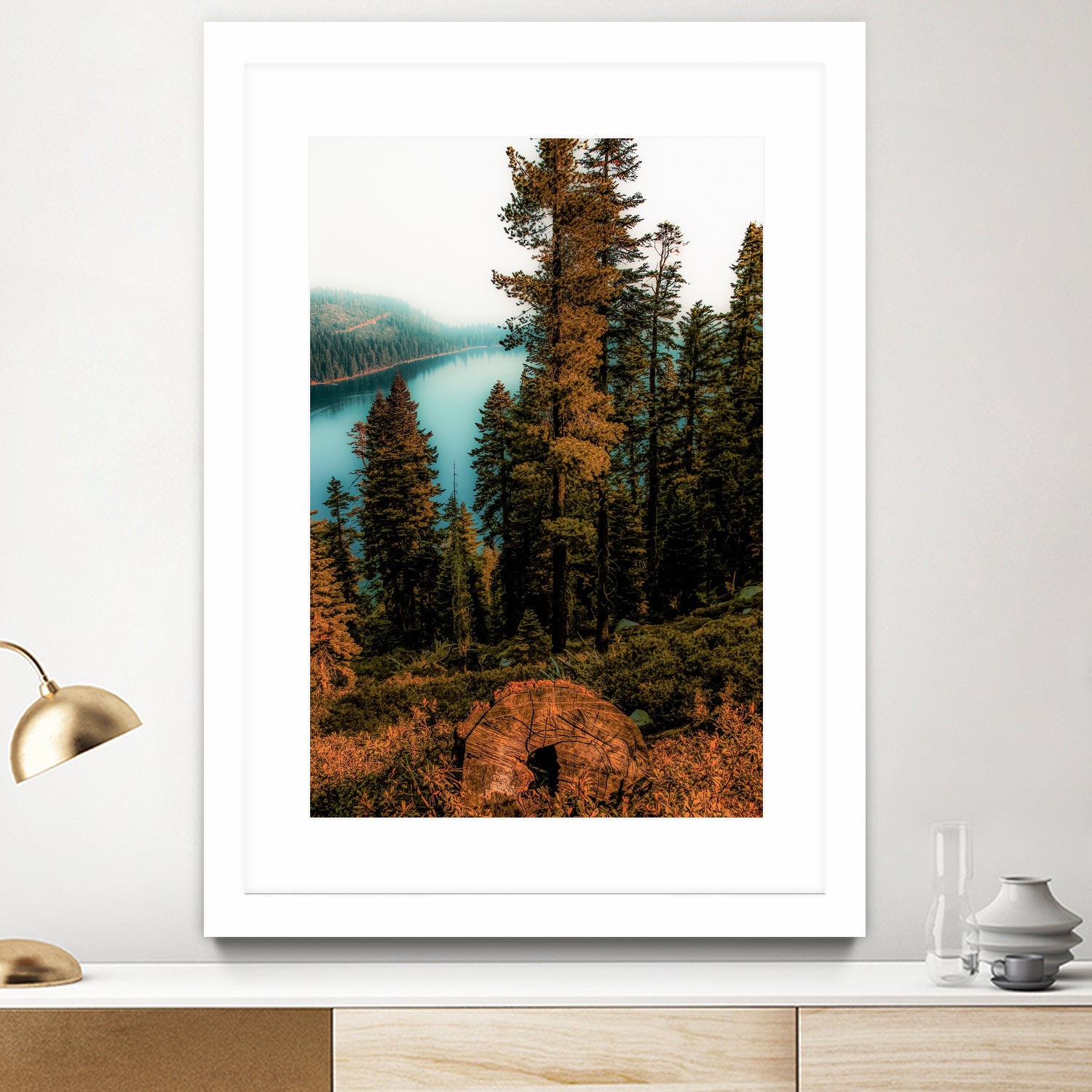 Pine tree with lake scenic at Emerald Bay Lake Tahoe by sutee monchitnukul on GIANT ART - orange photo manipulation