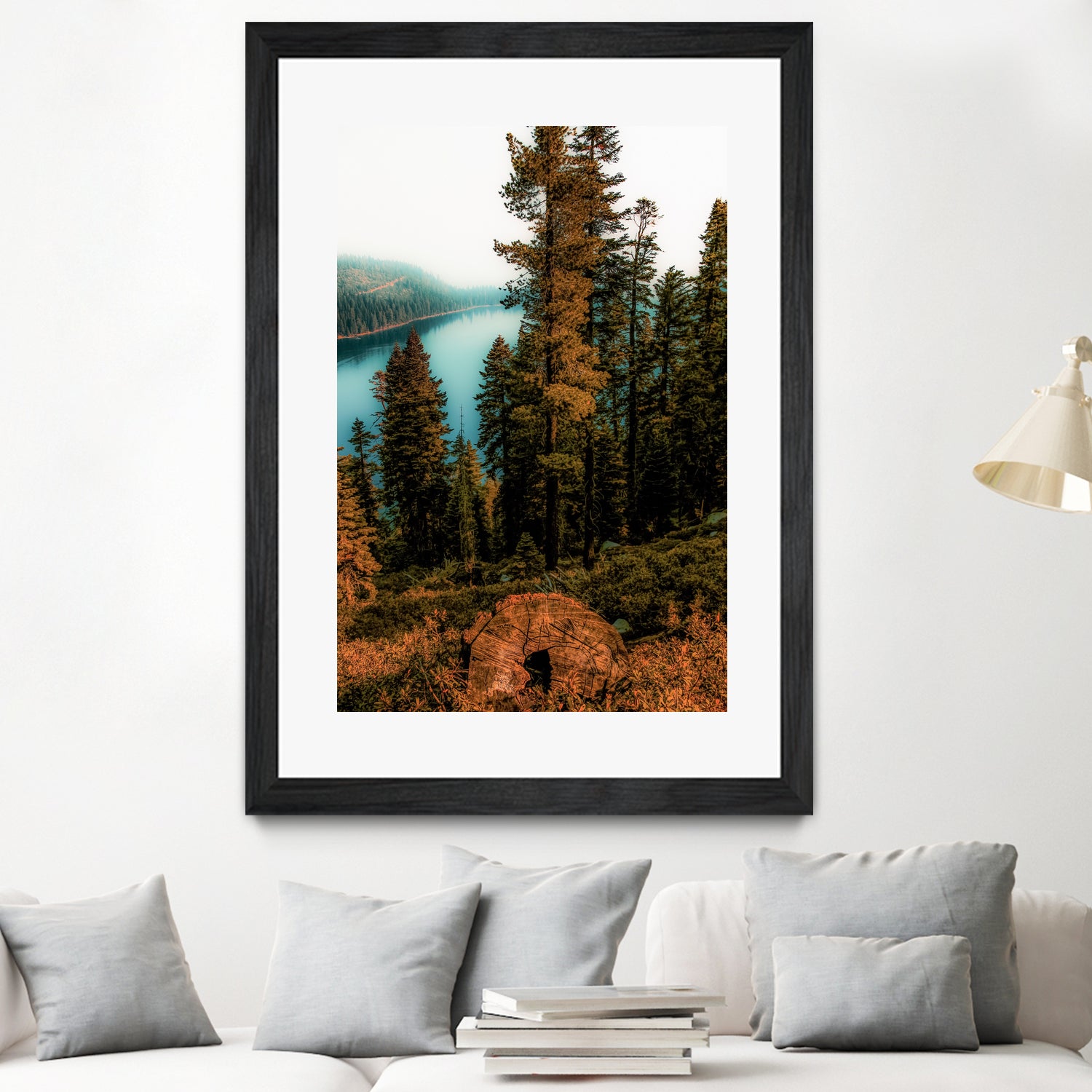 Pine tree with lake scenic at Emerald Bay Lake Tahoe by sutee monchitnukul on GIANT ART - orange photo manipulation