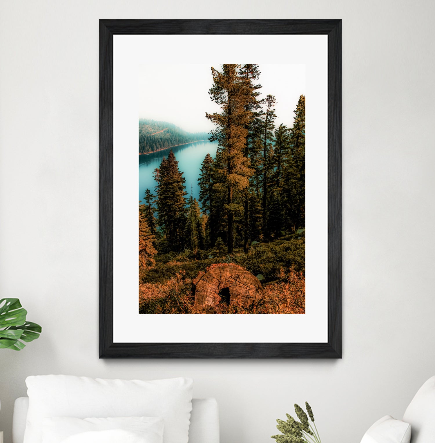 Pine tree with lake scenic at Emerald Bay Lake Tahoe by sutee monchitnukul on GIANT ART - orange photo manipulation