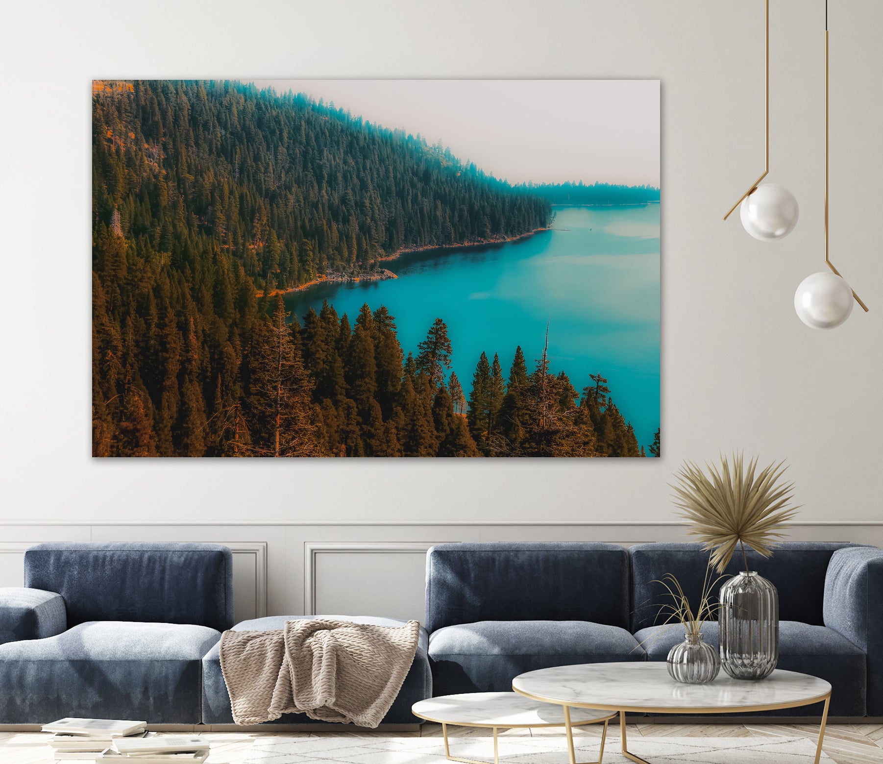 Pine tree and lake view at Emerald Bay Lake Tahoe California by sutee monchitnukul on GIANT ART - blue photo manipulation