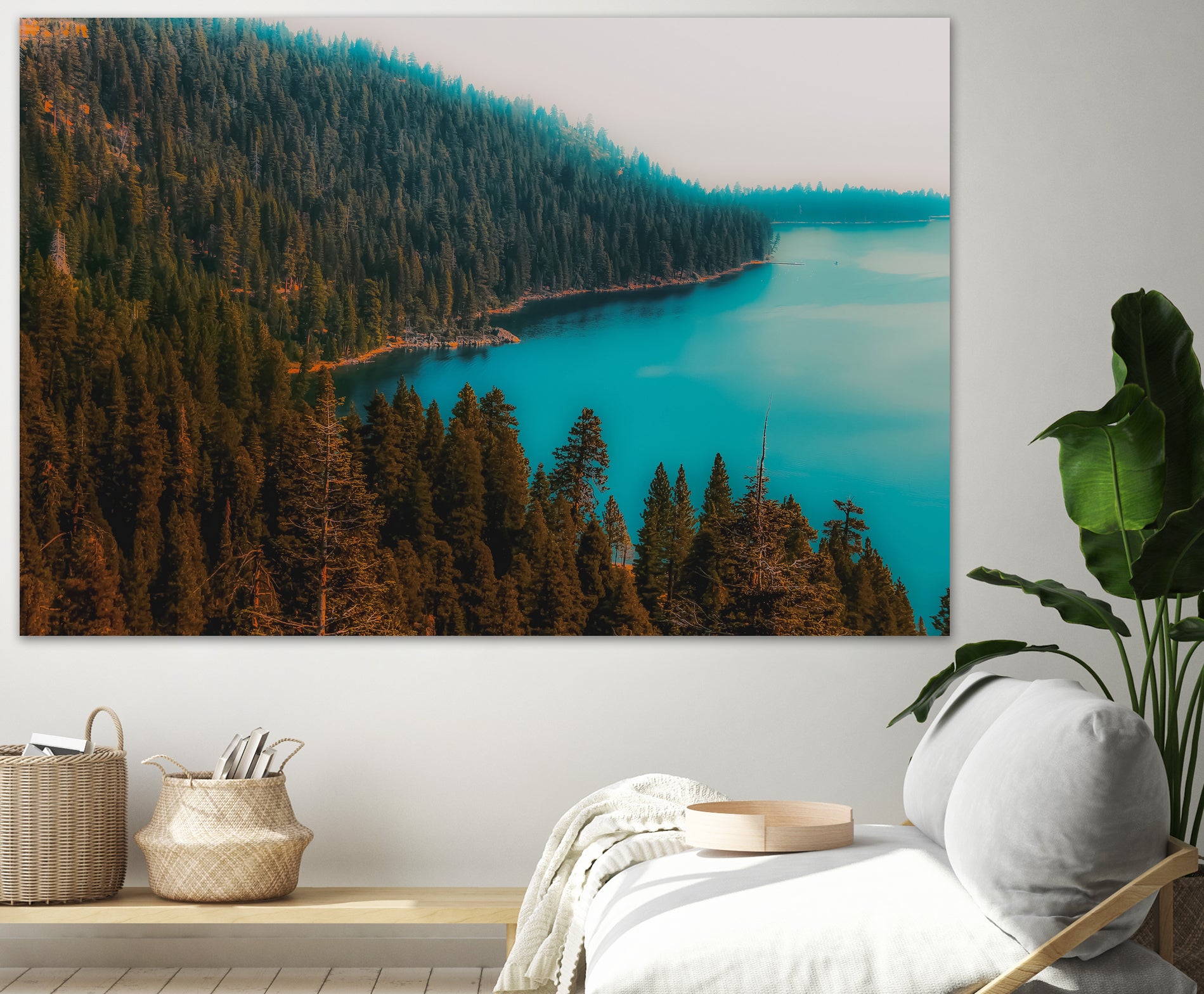 Pine tree and lake view at Emerald Bay Lake Tahoe California by sutee monchitnukul on GIANT ART - blue photo manipulation