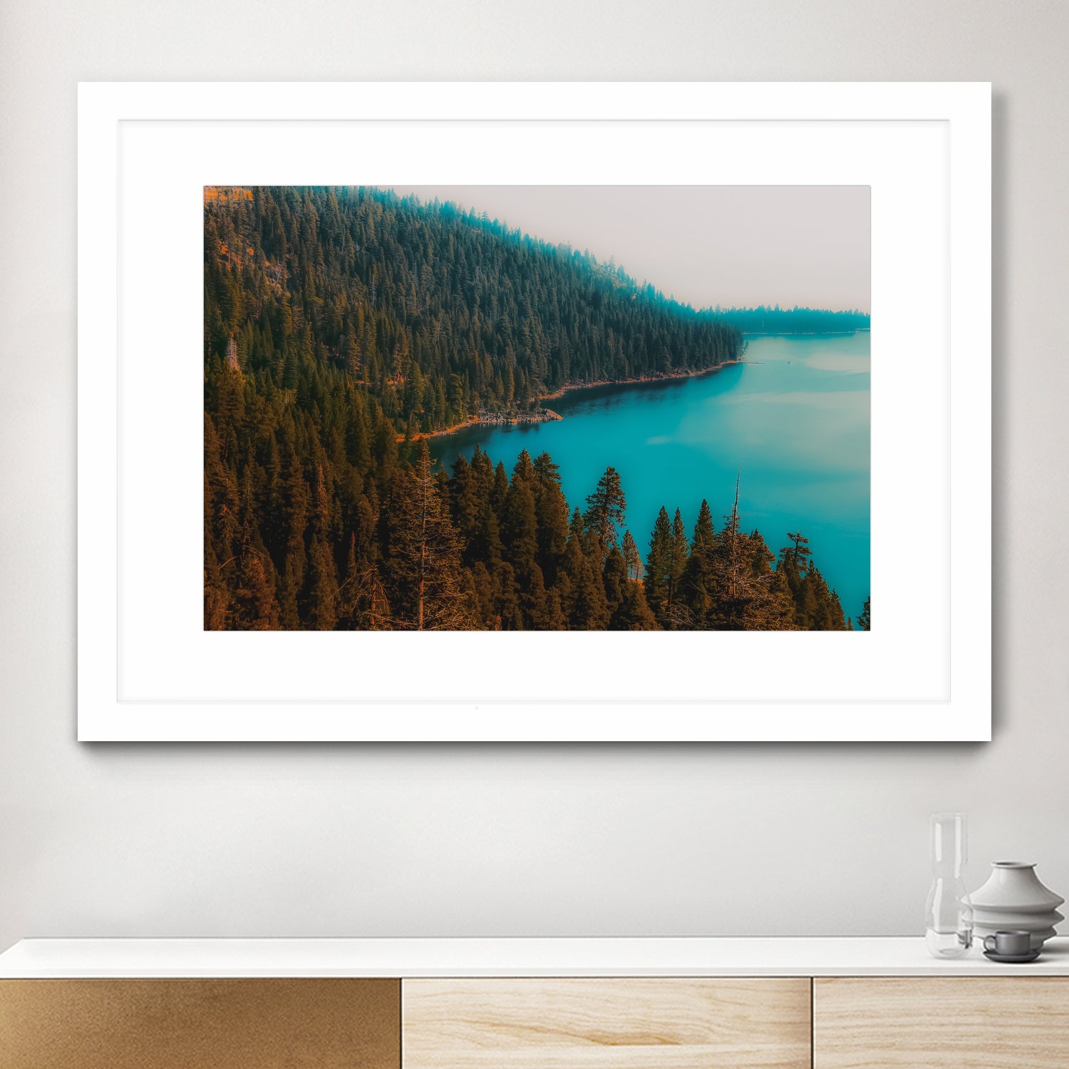 Pine tree and lake view at Emerald Bay Lake Tahoe California by sutee monchitnukul on GIANT ART - blue photo manipulation