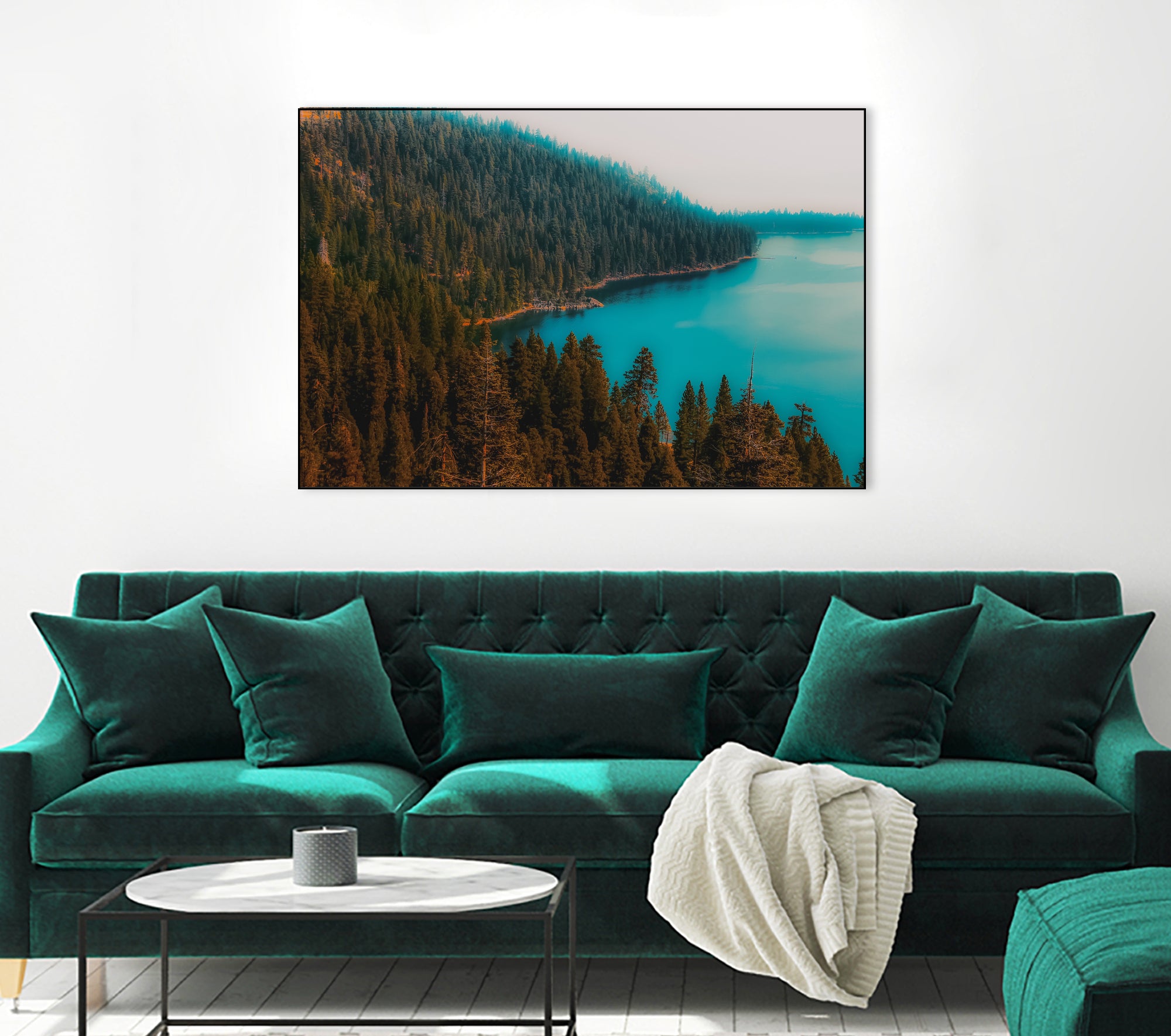 Pine tree and lake view at Emerald Bay Lake Tahoe California by sutee monchitnukul on GIANT ART - blue photo manipulation