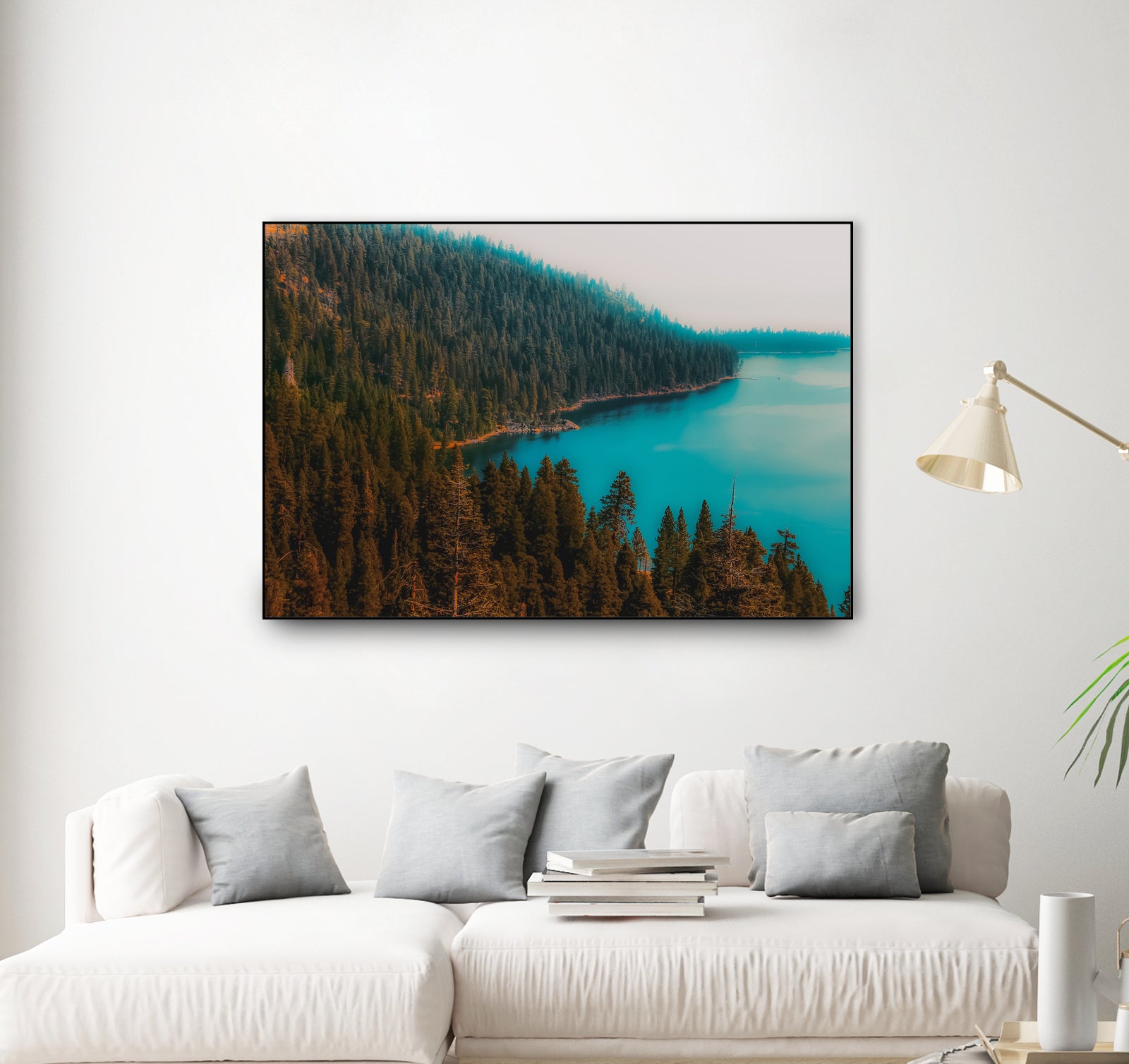 Pine tree and lake view at Emerald Bay Lake Tahoe California by sutee monchitnukul on GIANT ART - blue photo manipulation