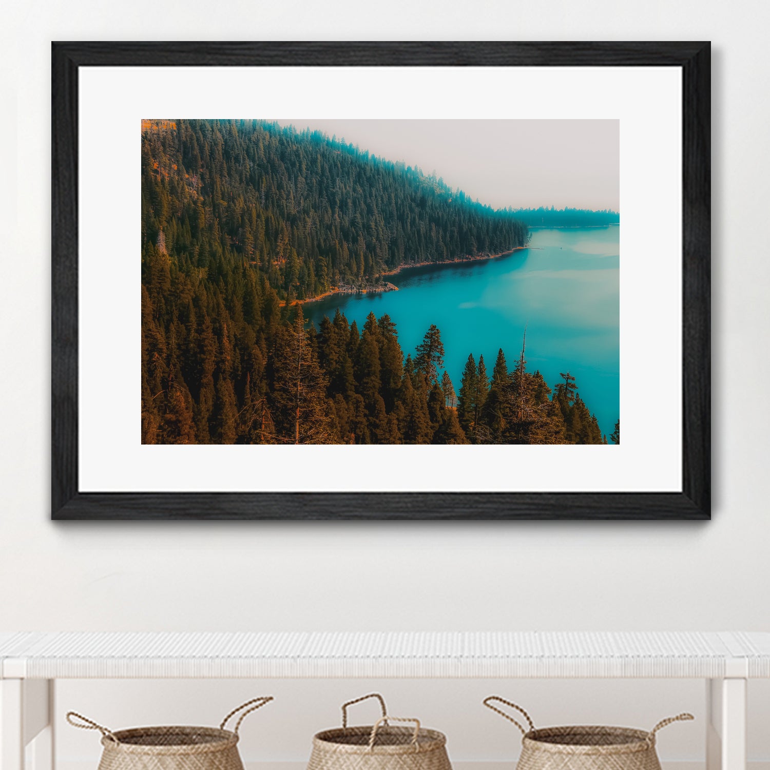 Pine tree and lake view at Emerald Bay Lake Tahoe California by sutee monchitnukul on GIANT ART - blue photo manipulation