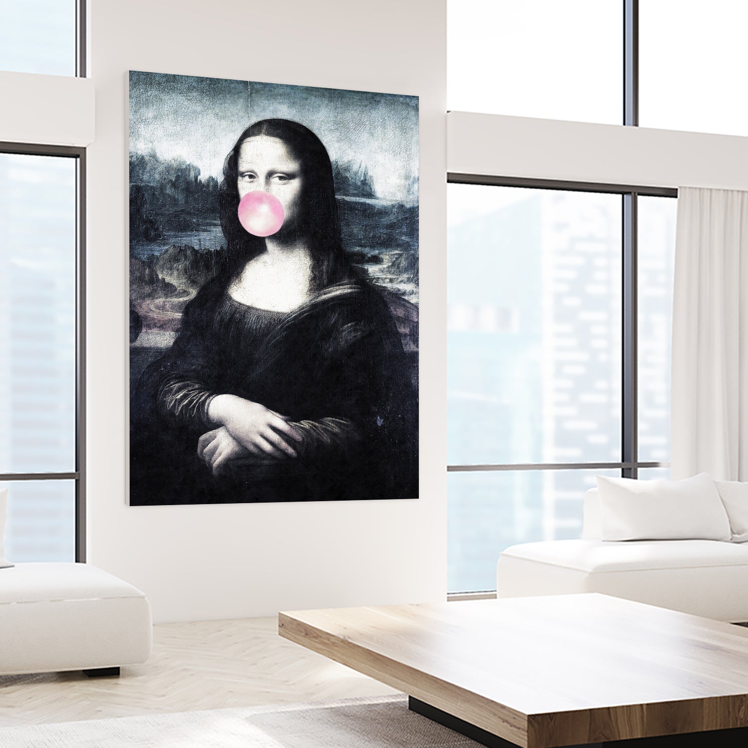 Mona Lisa blowing bubblegum bubbles by Menelaos Trompoukis on GIANT ART - blue digital painting