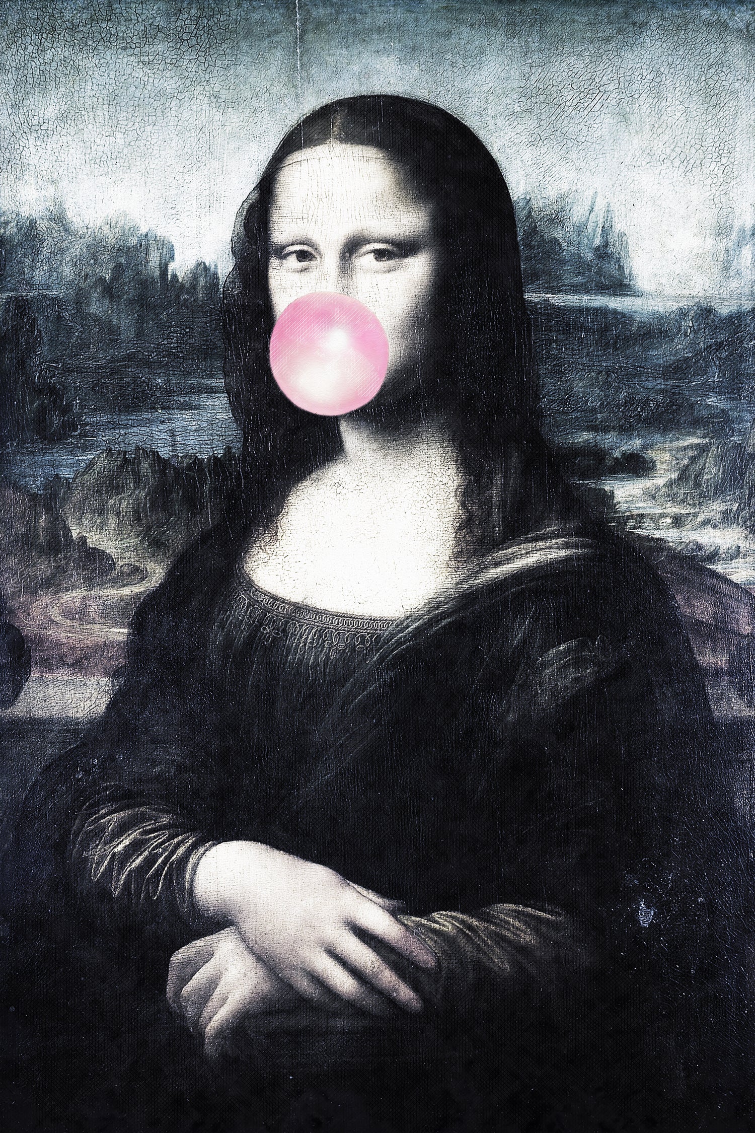 Mona Lisa blowing bubblegum bubbles by Menelaos Trompoukis on GIANT ART - blue digital painting