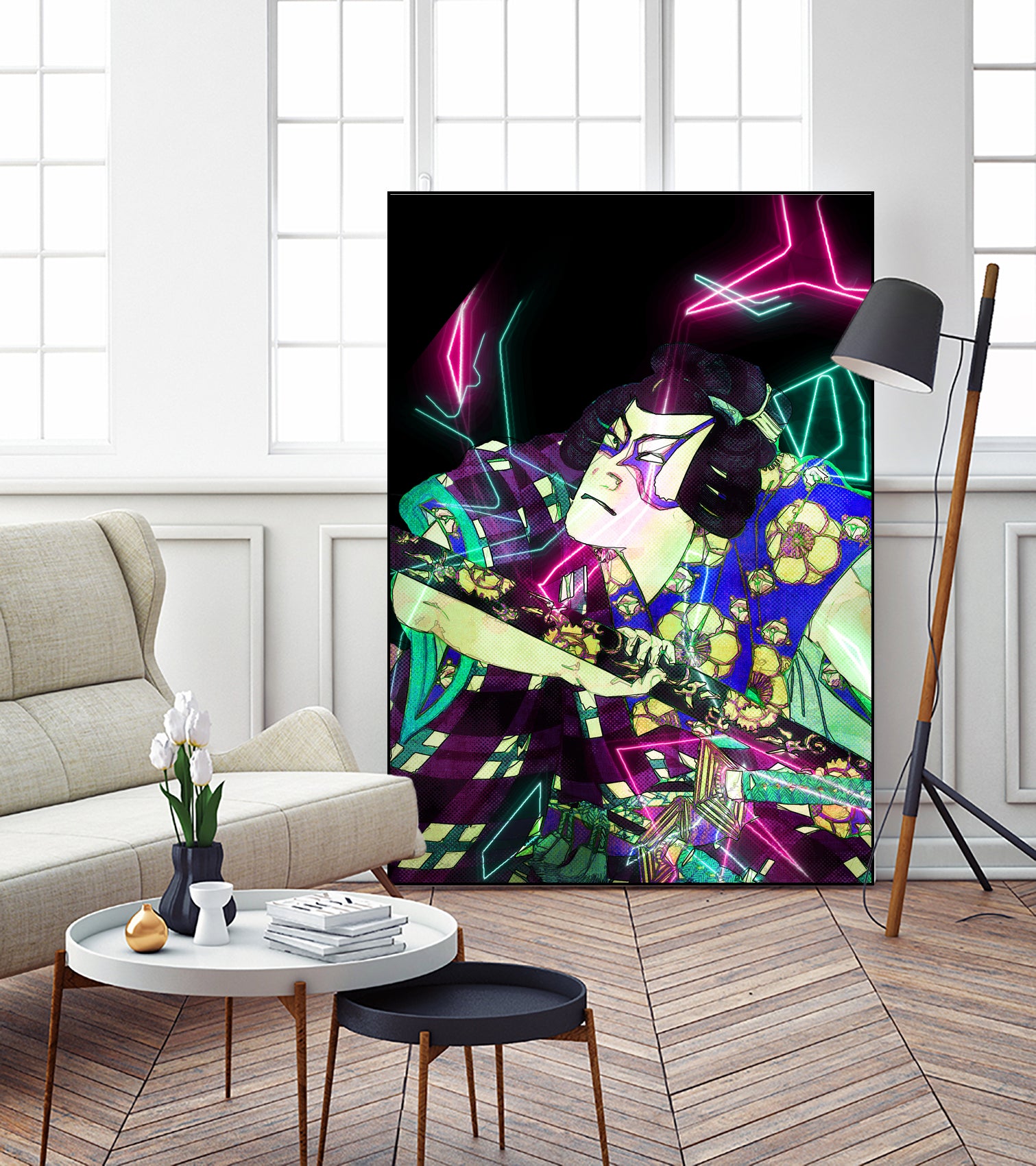 Samurai Japan Print Art Colored Neon Electric by Damian firenza on GIANT ART - fuchsia digital painting