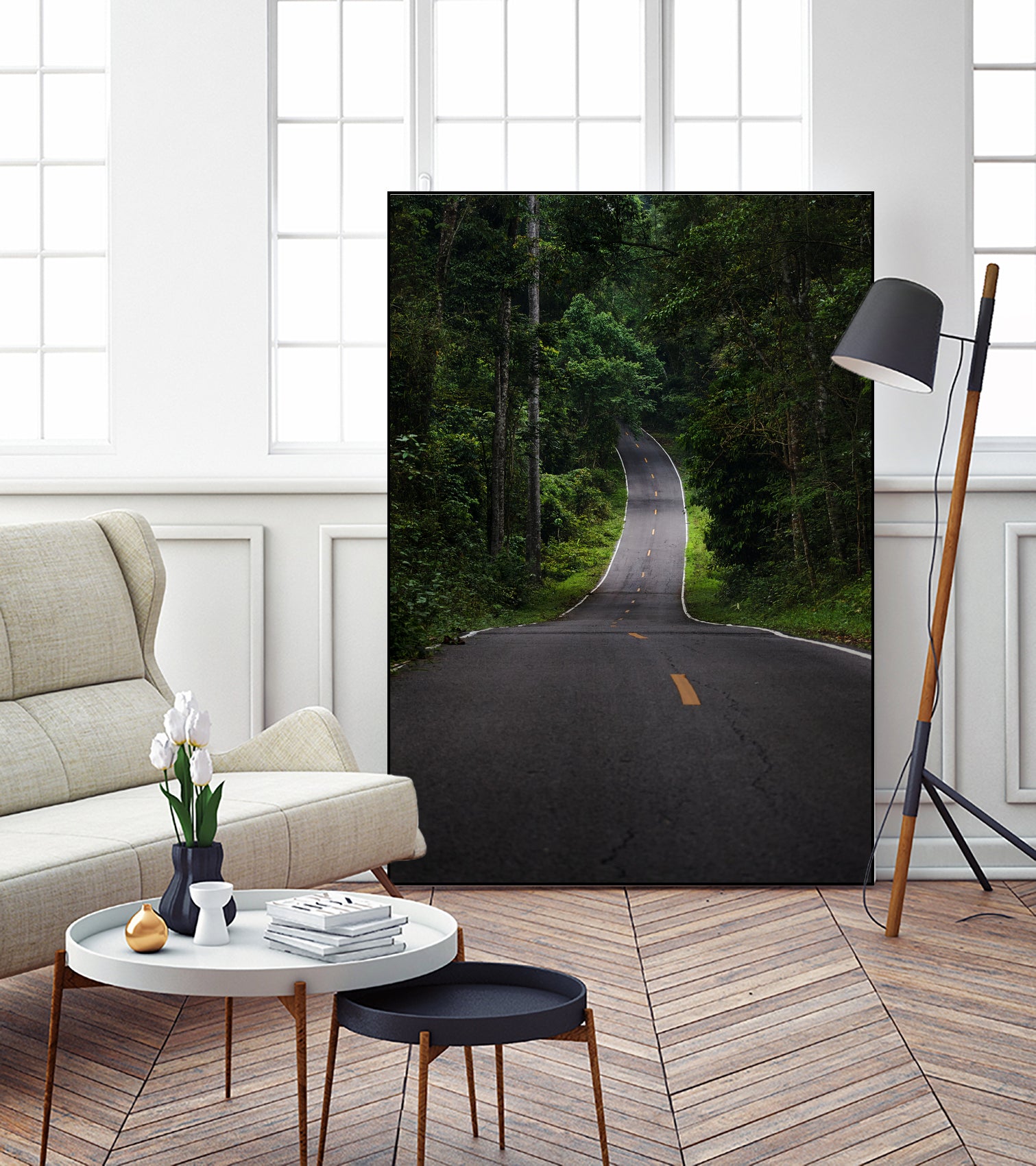 The asphalt road straight into the forest by Studio OMG on GIANT ART - green photo illustration