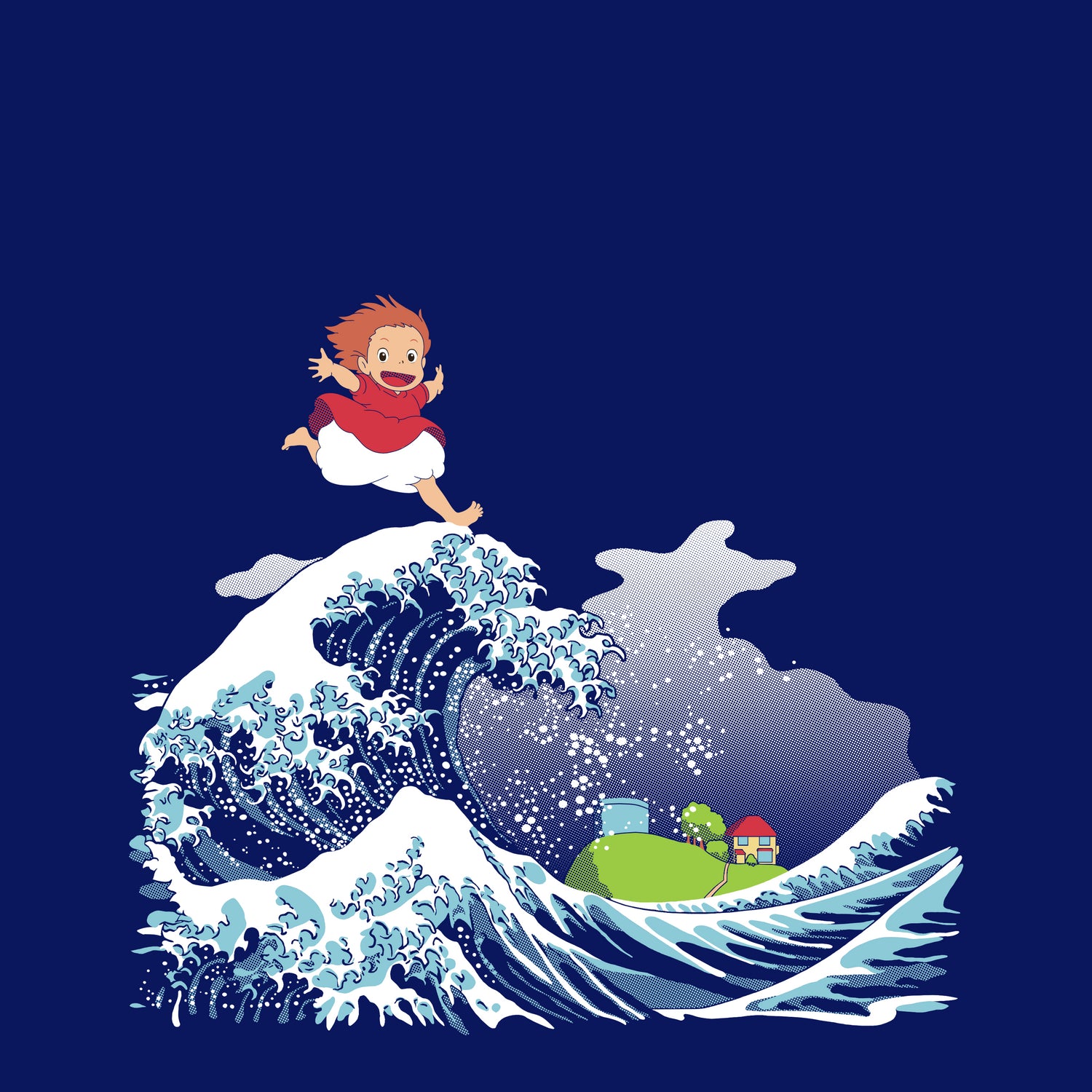 Ponyo and the Great Kanagawa wave by Stefano Piga on GIANT ART - blue digital drawing