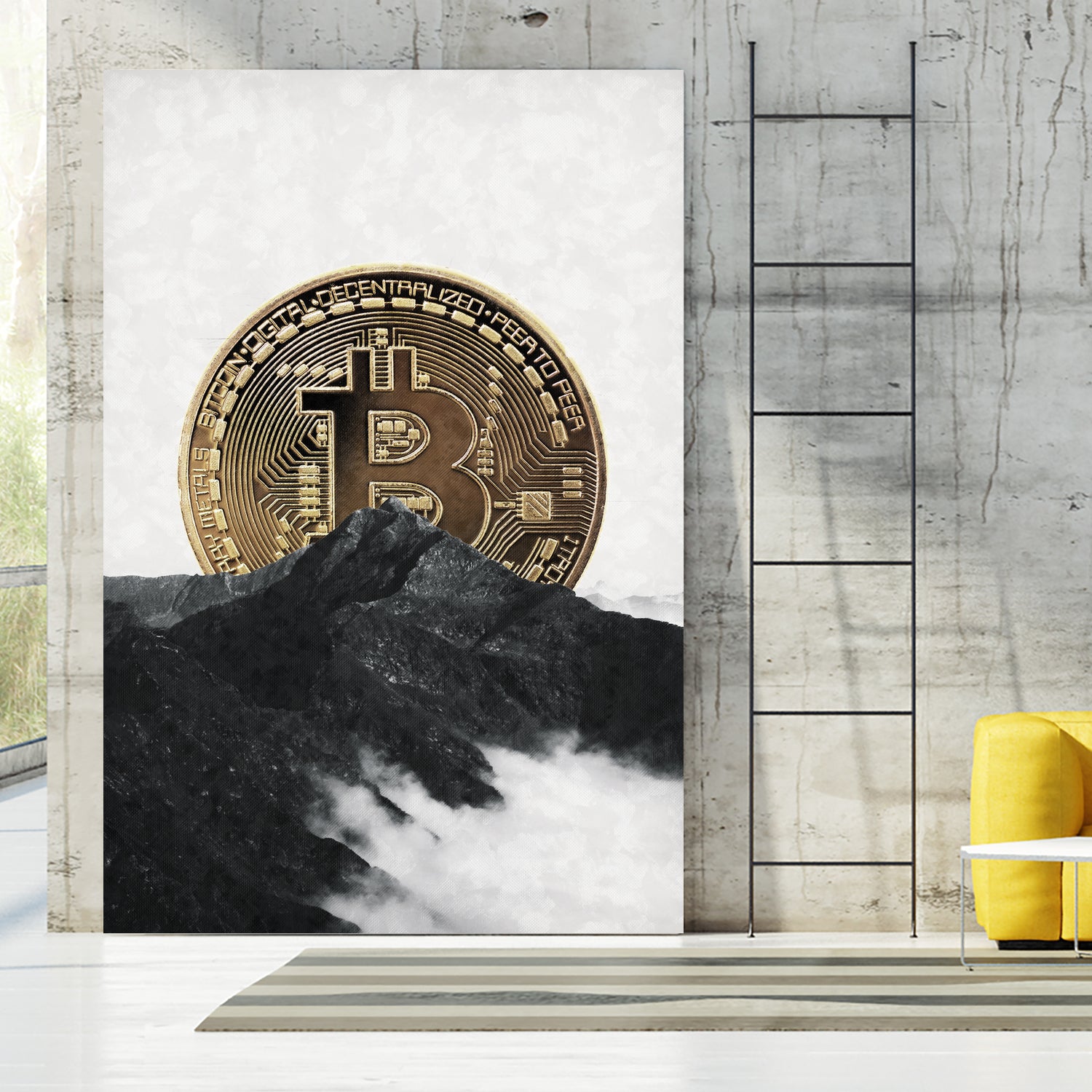 Bitcoin rising behind the mountain by Menelaos Trompoukis on GIANT ART - gray digital painting