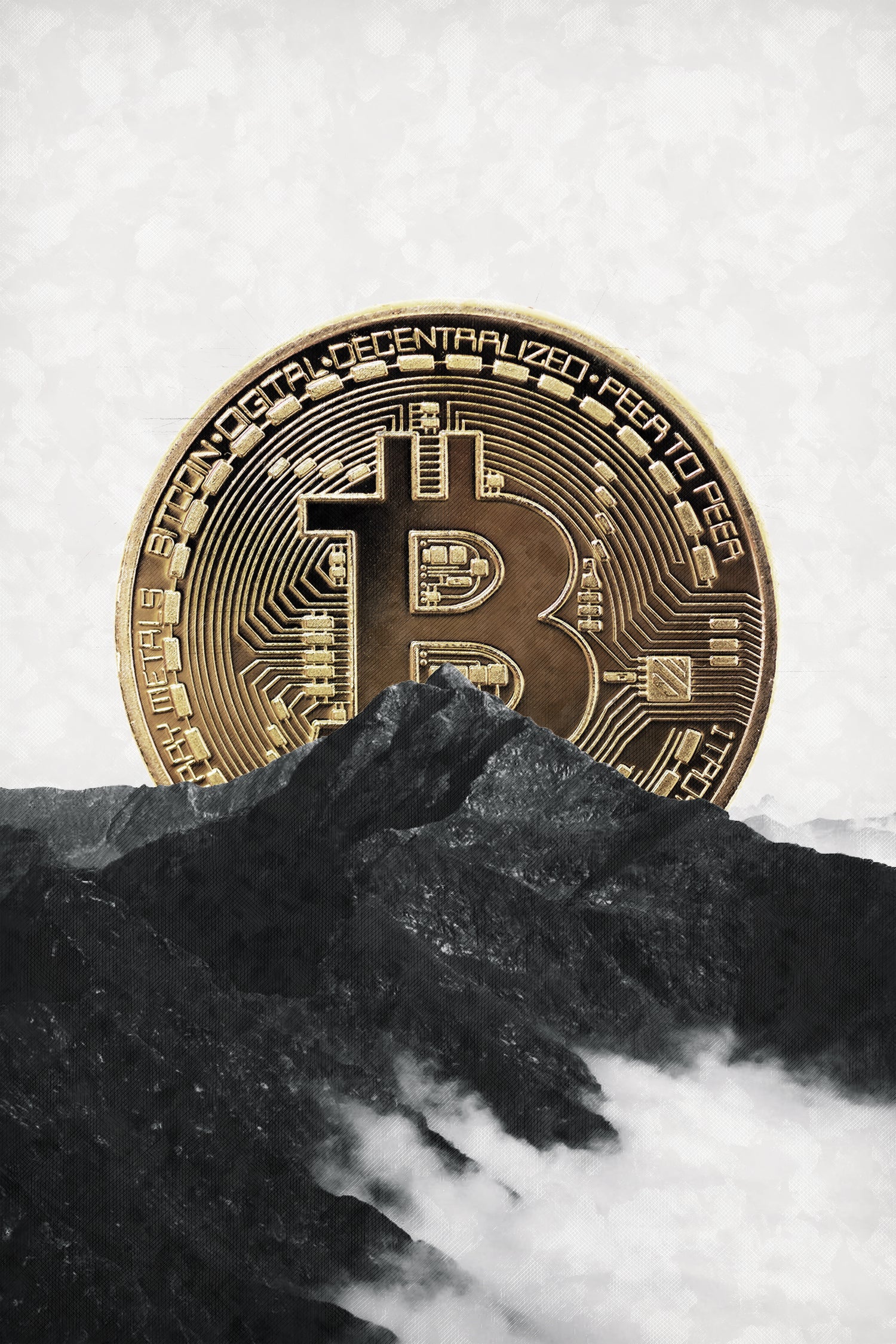 Bitcoin rising behind the mountain by Menelaos Trompoukis on GIANT ART - gray digital painting