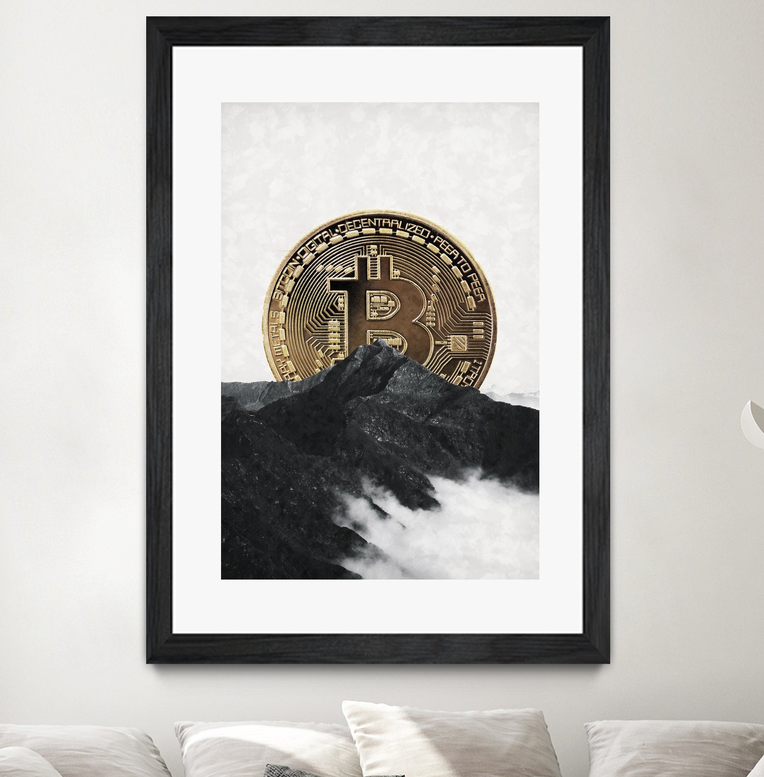 Bitcoin rising behind the mountain by Menelaos Trompoukis on GIANT ART - gray digital painting