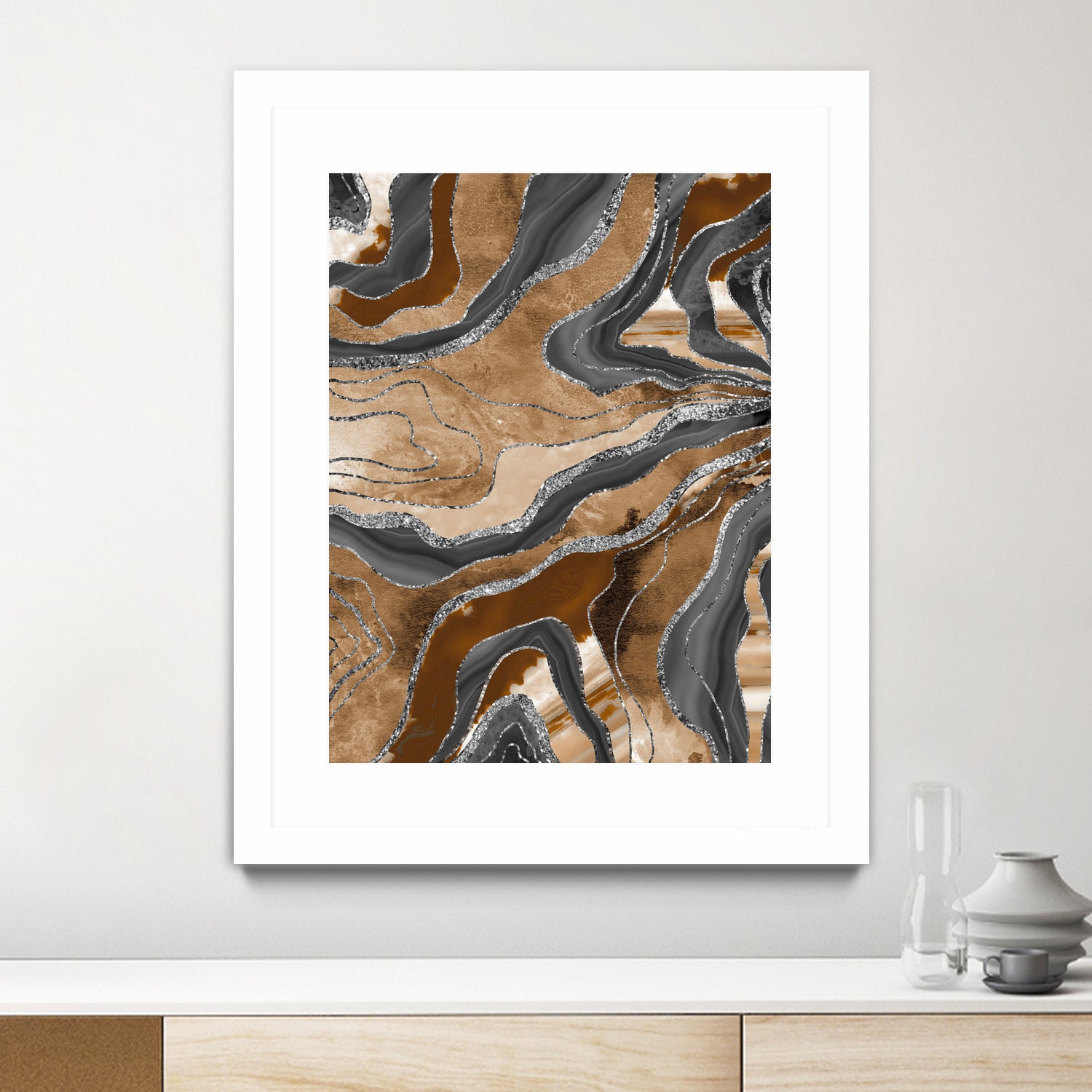 Earthy Marble Agate Silver Glitter Glam #1 (Faux Glitter) by Anita & Bella Jantz on GIANT ART - brown digital painting