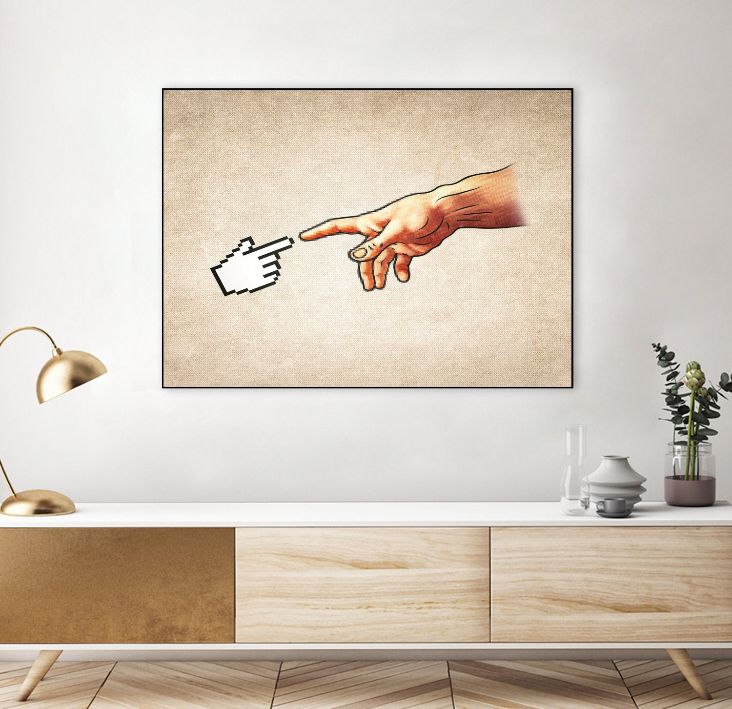 Funny 8bit Nerd & Geek Humor (Creation of Adam Parody) by Philipp Rietz on GIANT ART - yellow vector illustration