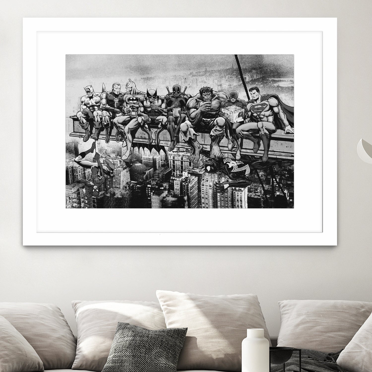 Marvel & DC Superheroes Lunch Atop A Skyscraper -B/W Edition by Dan Avenell on GIANT ART - gray digital painting