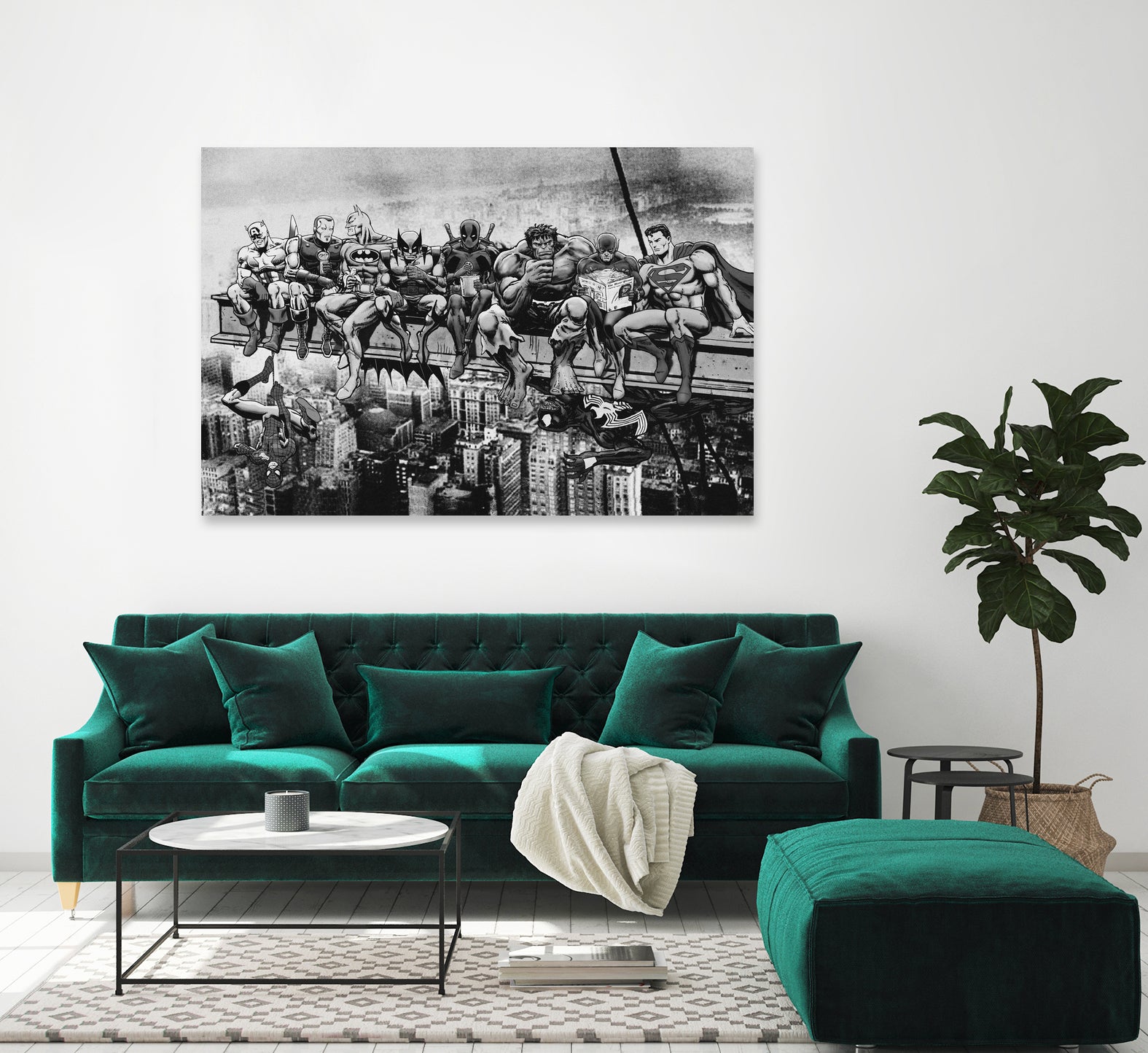 Marvel & DC Superheroes Lunch Atop A Skyscraper -B/W Edition by Dan Avenell on GIANT ART - gray digital painting