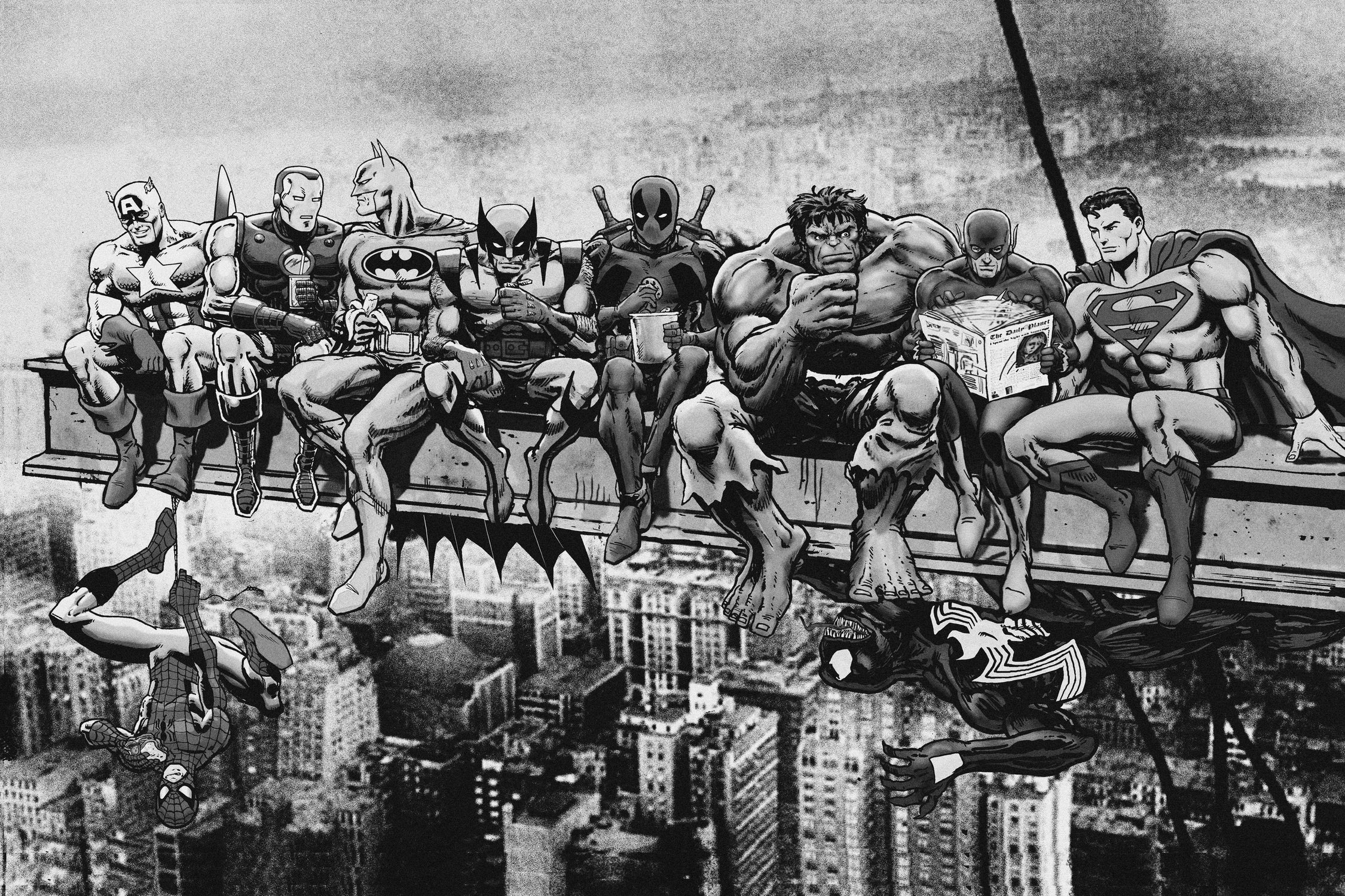 Marvel & DC Superheroes Lunch Atop A Skyscraper -B/W Edition by Dan Avenell on GIANT ART - gray digital painting