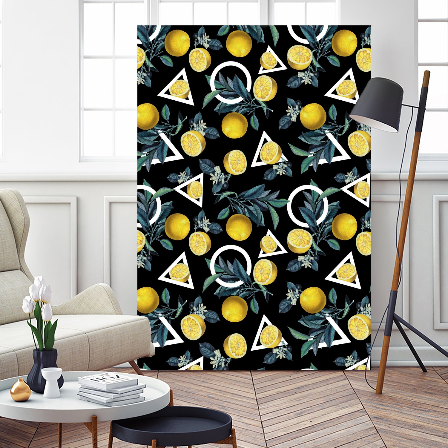 Geometric and Lemon pattern II by burcu korkmazyurek on GIANT ART - black digital painting