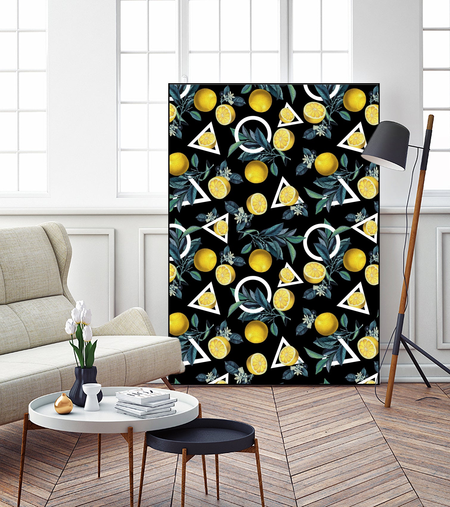 Geometric and Lemon pattern II by burcu korkmazyurek on GIANT ART - black digital painting