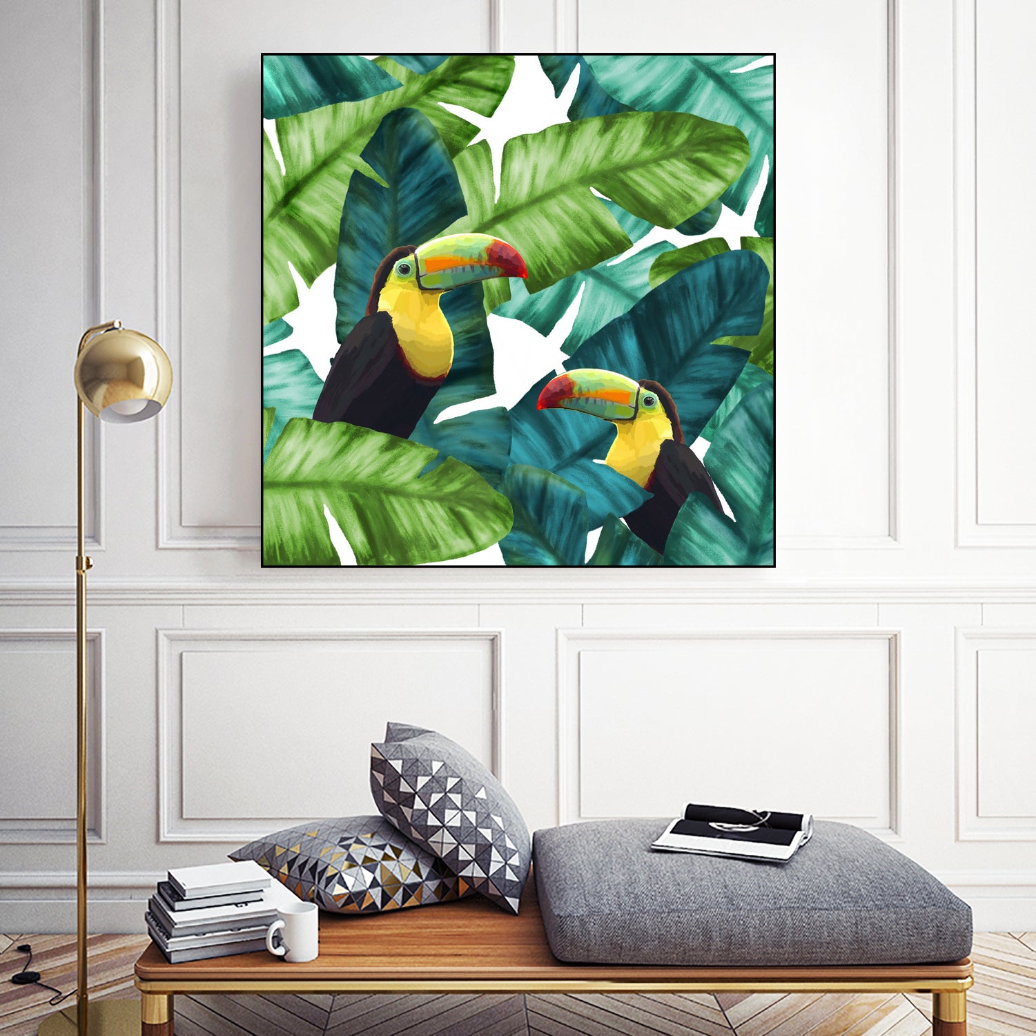 Toucans Tropical Banana Leaves Pattern by Brigitte Carre on GIANT ART - green digital painting