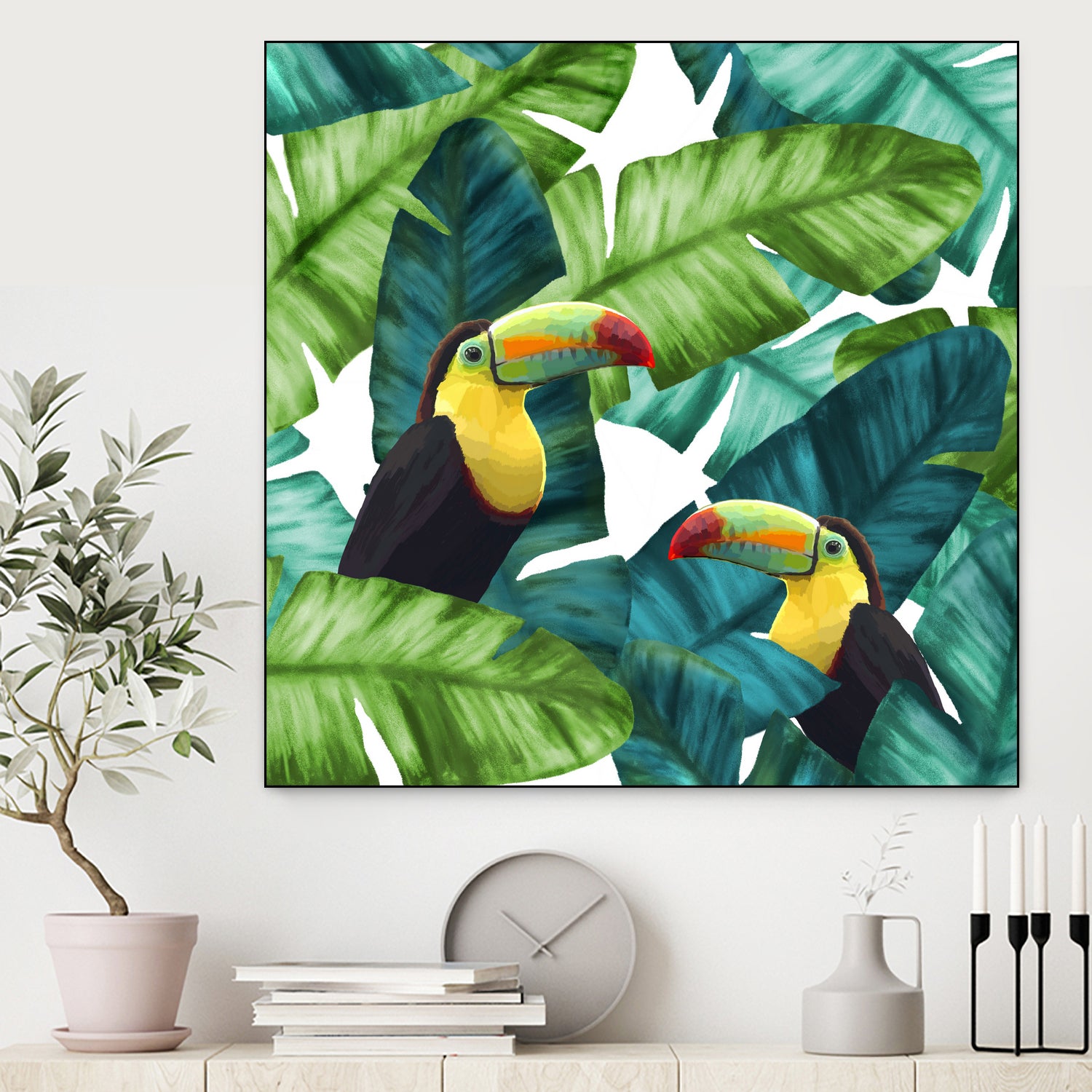 Toucans Tropical Banana Leaves Pattern by Brigitte Carre on GIANT ART - green digital painting