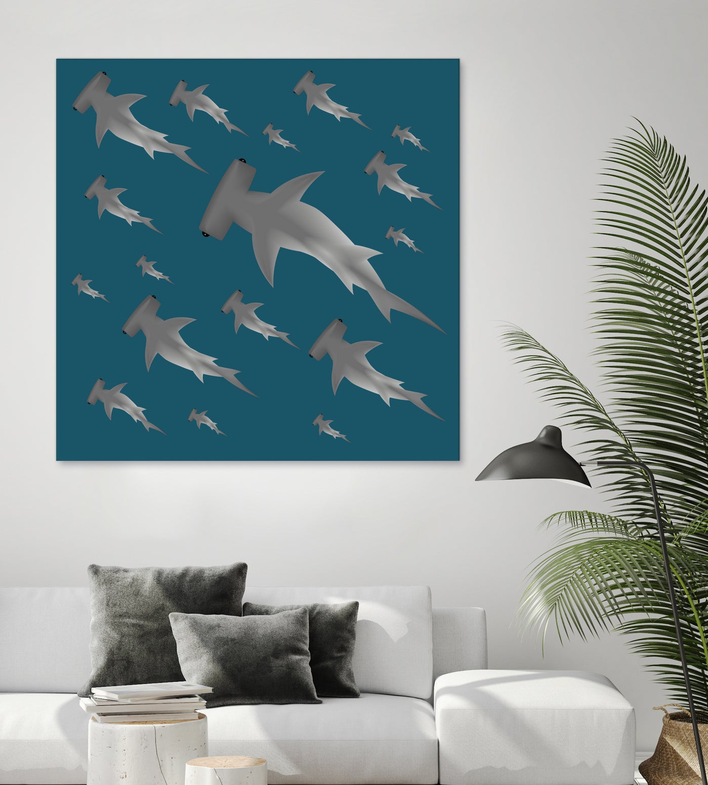 School of hammerhead sharks by Rodrigo Esparza-Salas on GIANT ART - blue digital drawing