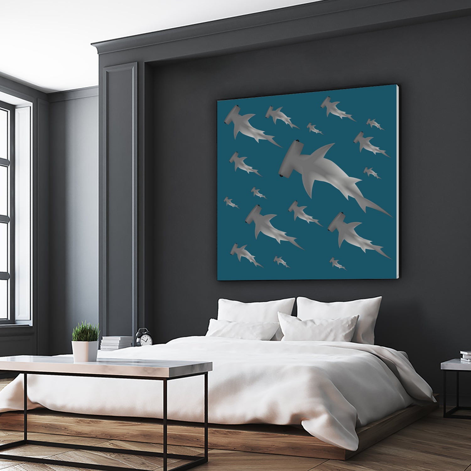 School of hammerhead sharks by Rodrigo Esparza-Salas on GIANT ART - blue digital drawing