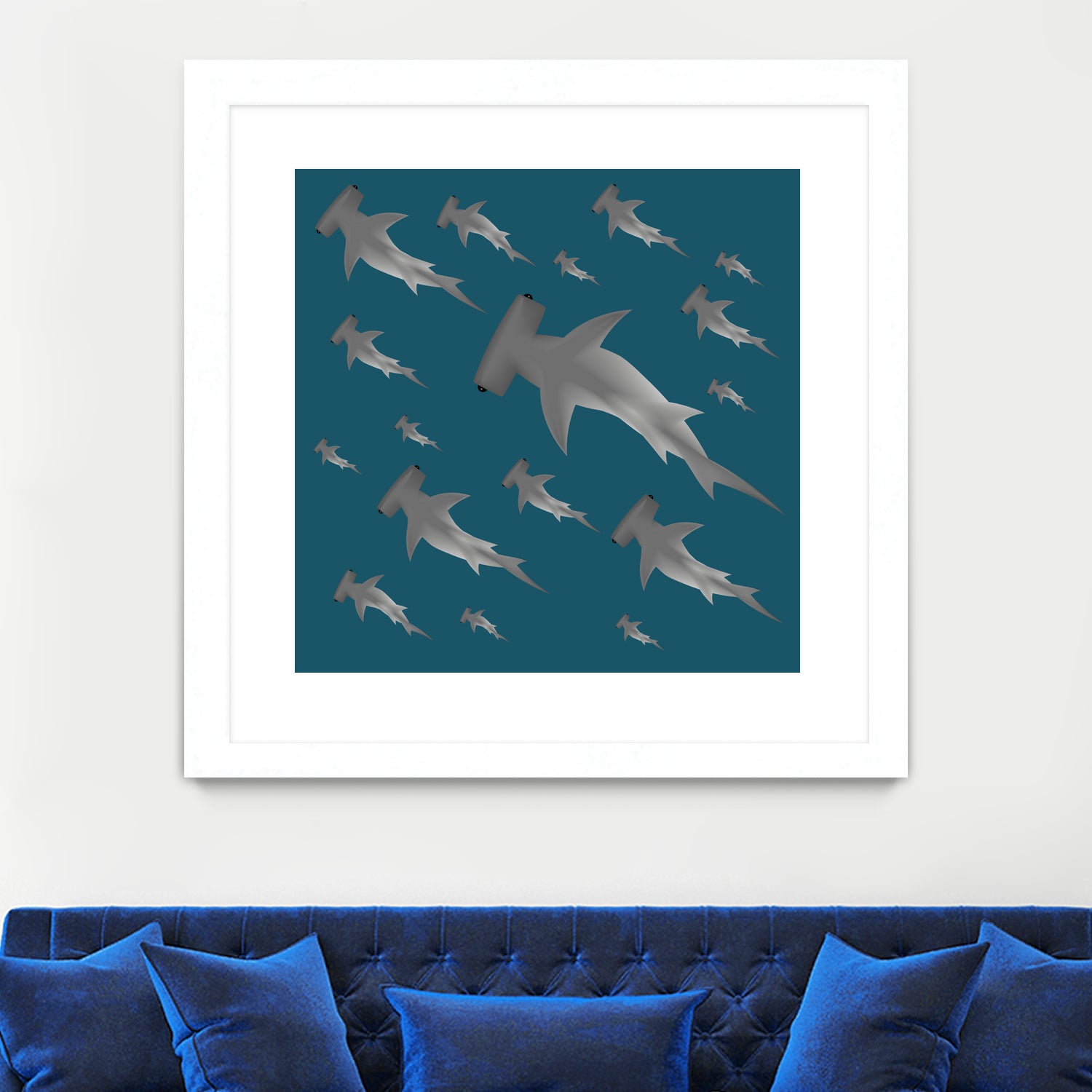 School of hammerhead sharks by Rodrigo Esparza-Salas on GIANT ART - blue digital drawing