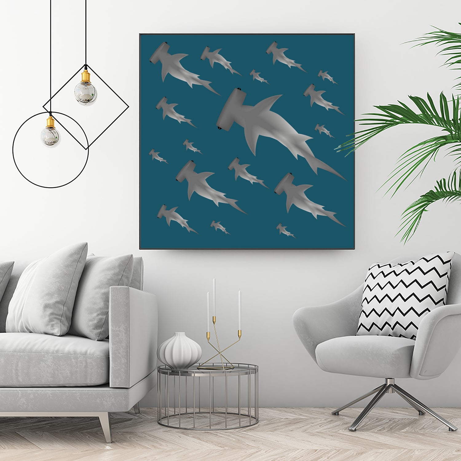 School of hammerhead sharks by Rodrigo Esparza-Salas on GIANT ART - blue digital drawing