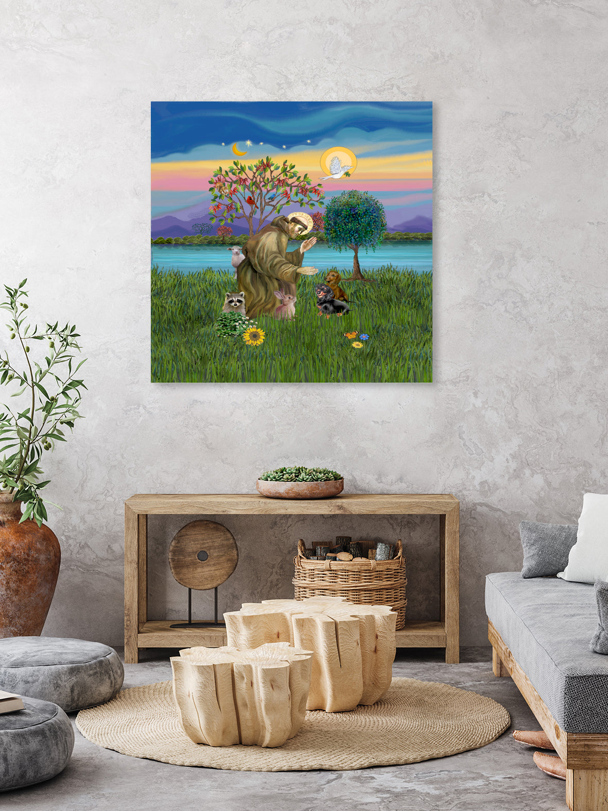 Saint Francis Blesses Two Dachshunds by Jean Fitzgerald on GIANT ART - blue digital painting