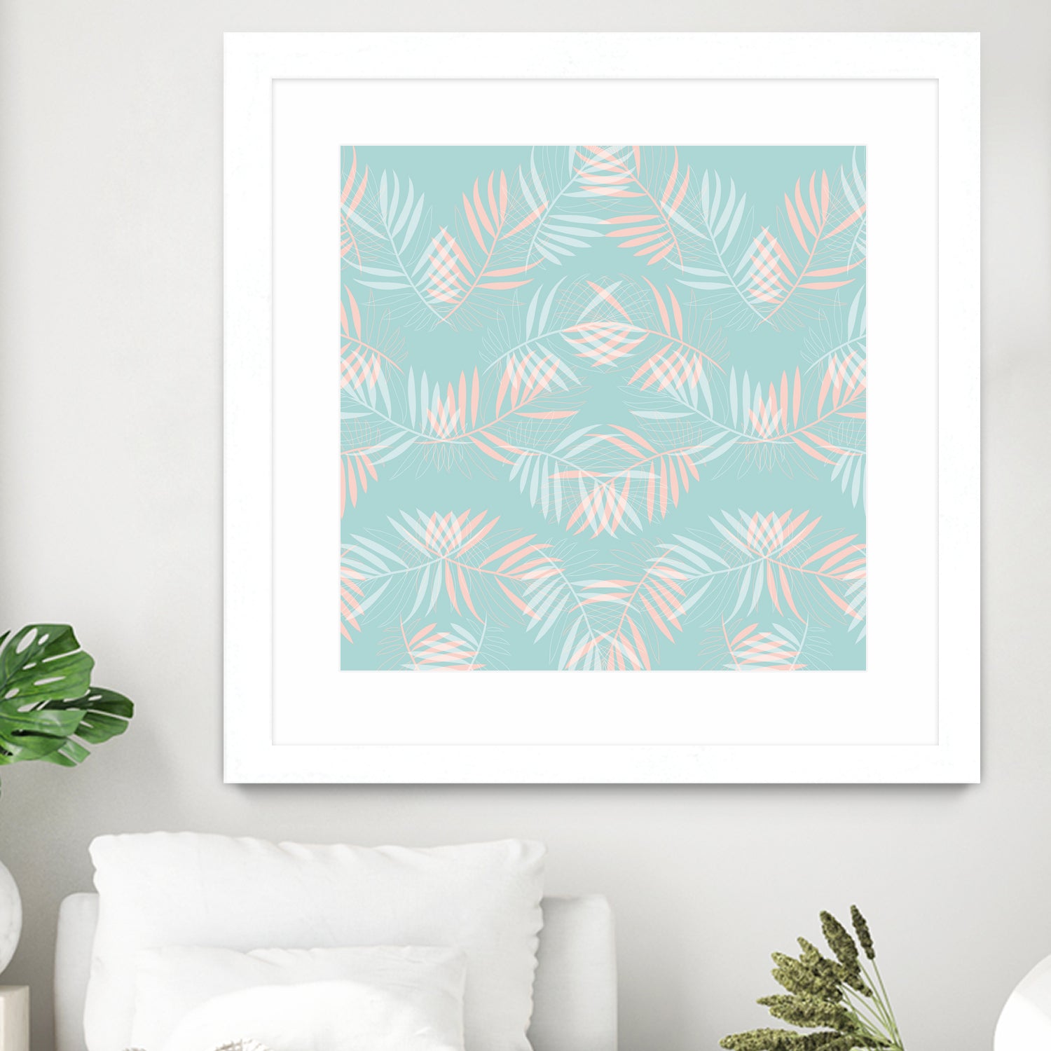 Palm Leaves Lace Pattern on Aqua by Dominique Van Roey on GIANT ART - green digital drawing