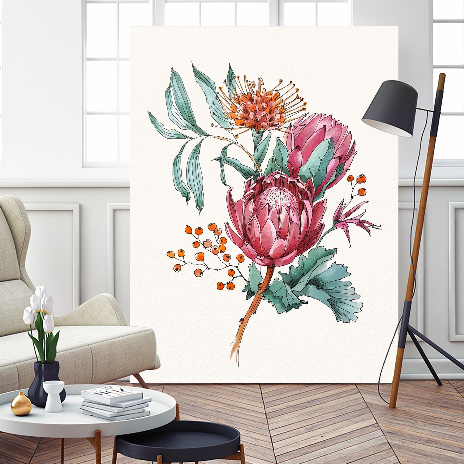 King protea flowers watercolor illustration by Two Lips on GIANT ART - pink digital drawing