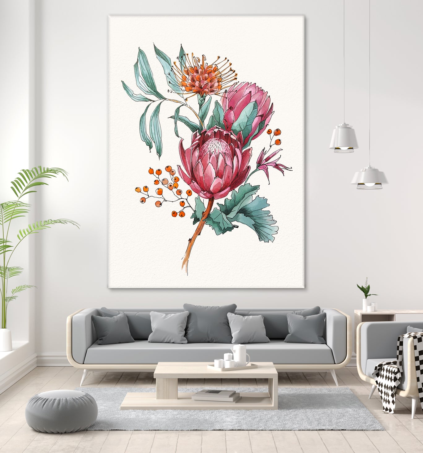 King protea flowers watercolor illustration by Two Lips on GIANT ART - pink digital drawing