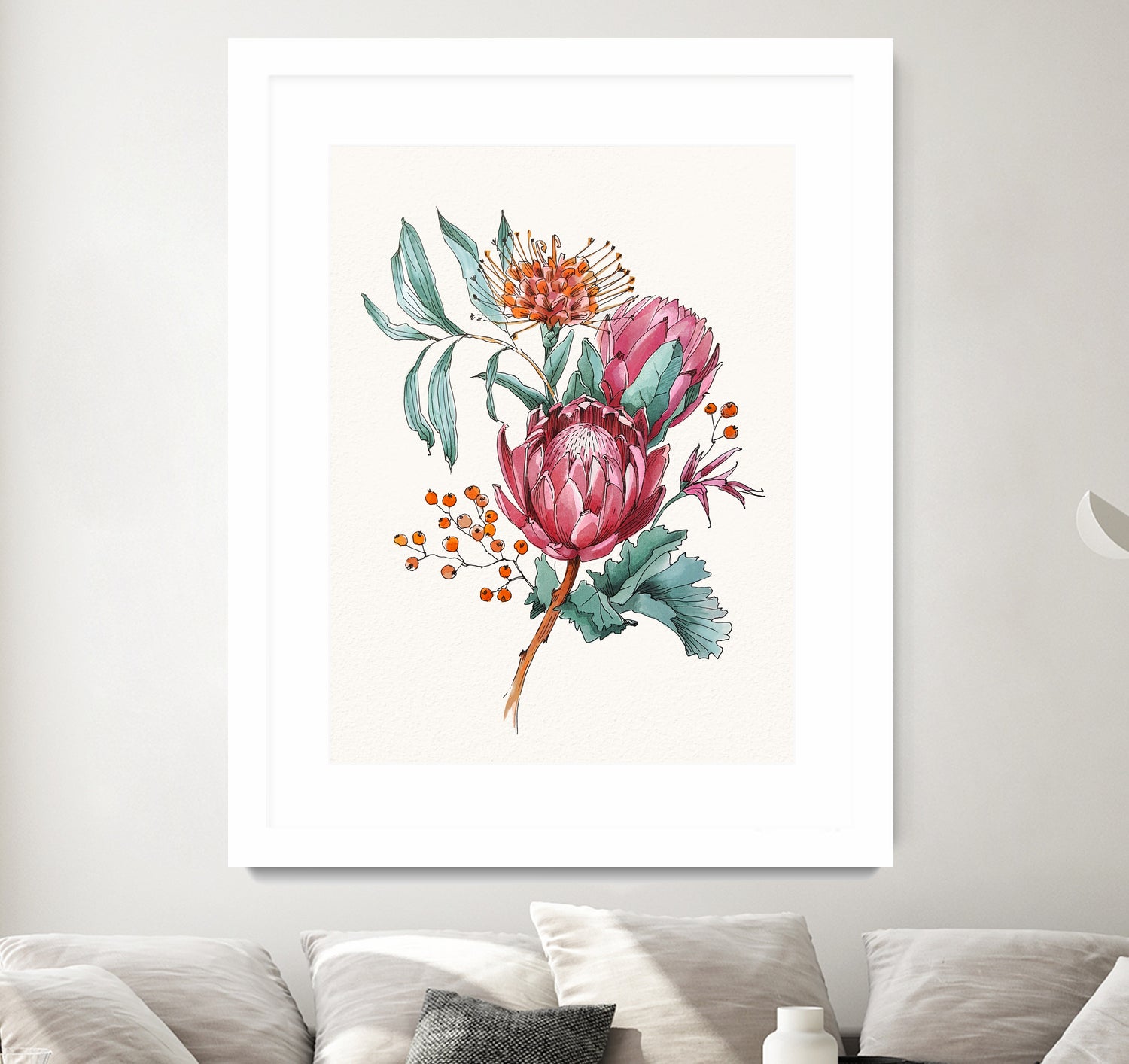 King protea flowers watercolor illustration by Two Lips on GIANT ART - pink digital drawing