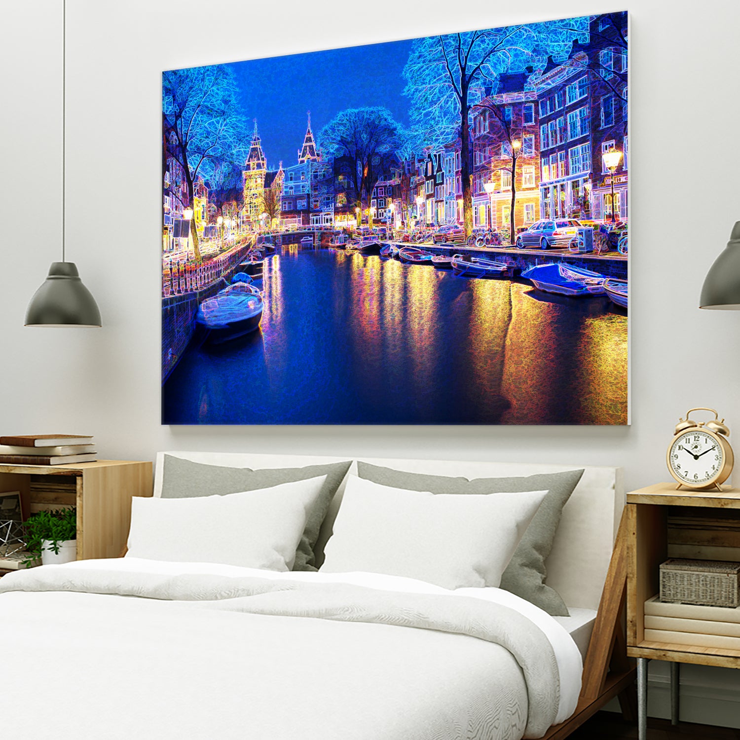 Winter Amsterdam Canal At Night With Boats by Michael Novik on GIANT ART - white photo illustration