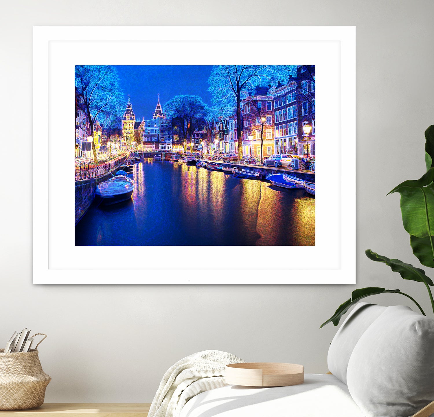 Winter Amsterdam Canal At Night With Boats by Michael Novik on GIANT ART - white photo illustration